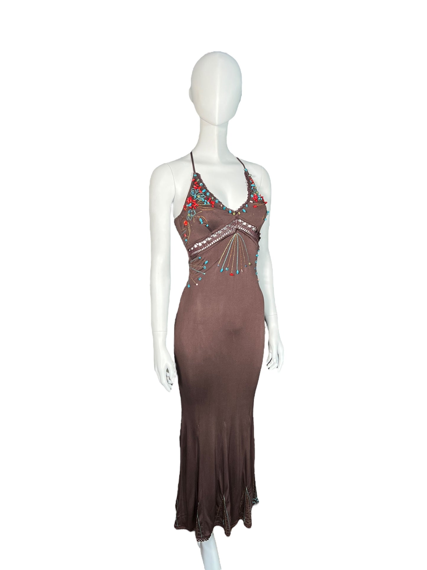 ROBERTO CAVALLI Brown Silk Beaded Dress (XS-S)