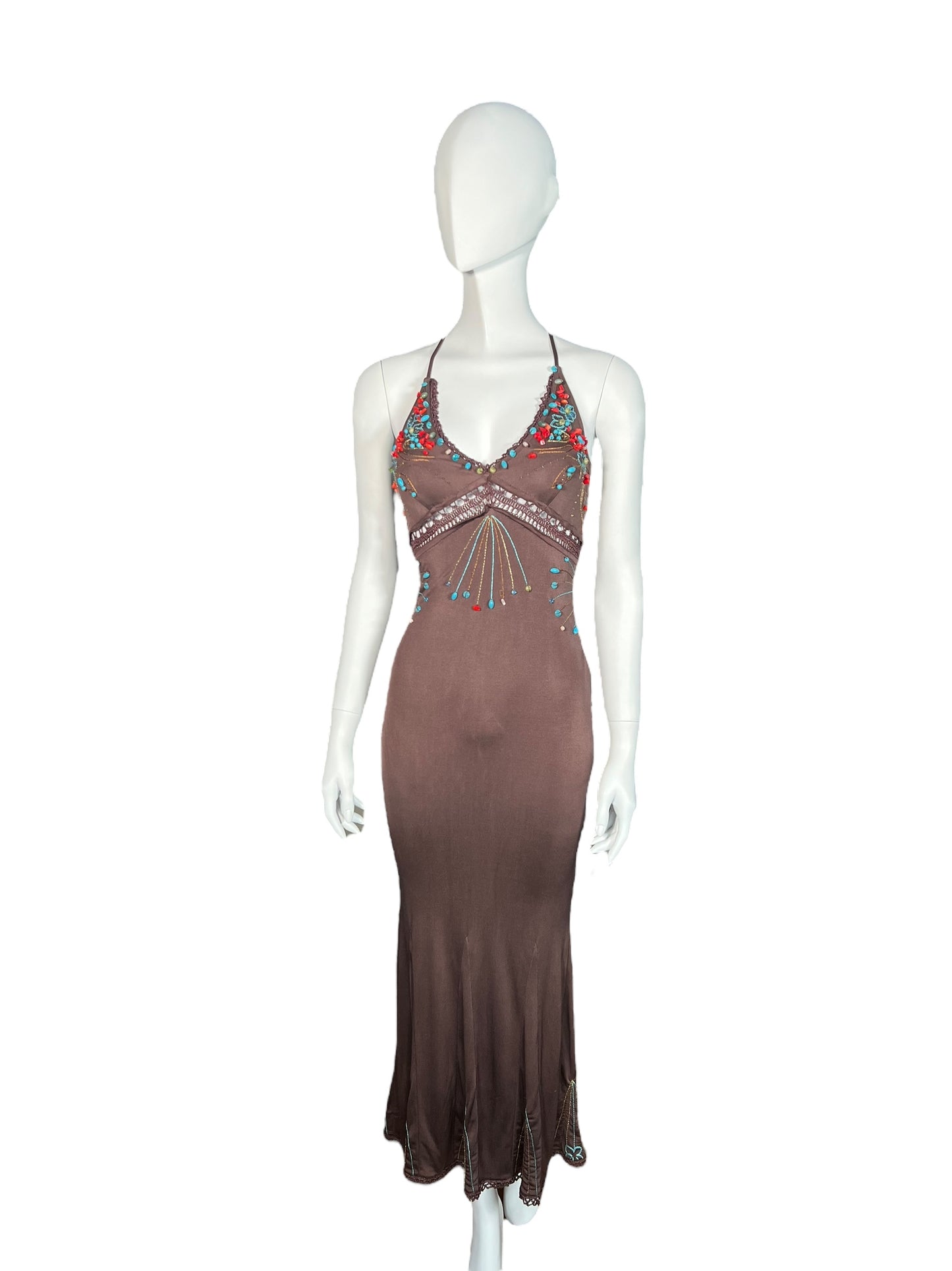 ROBERTO CAVALLI Brown Silk Beaded Dress (XS-S)