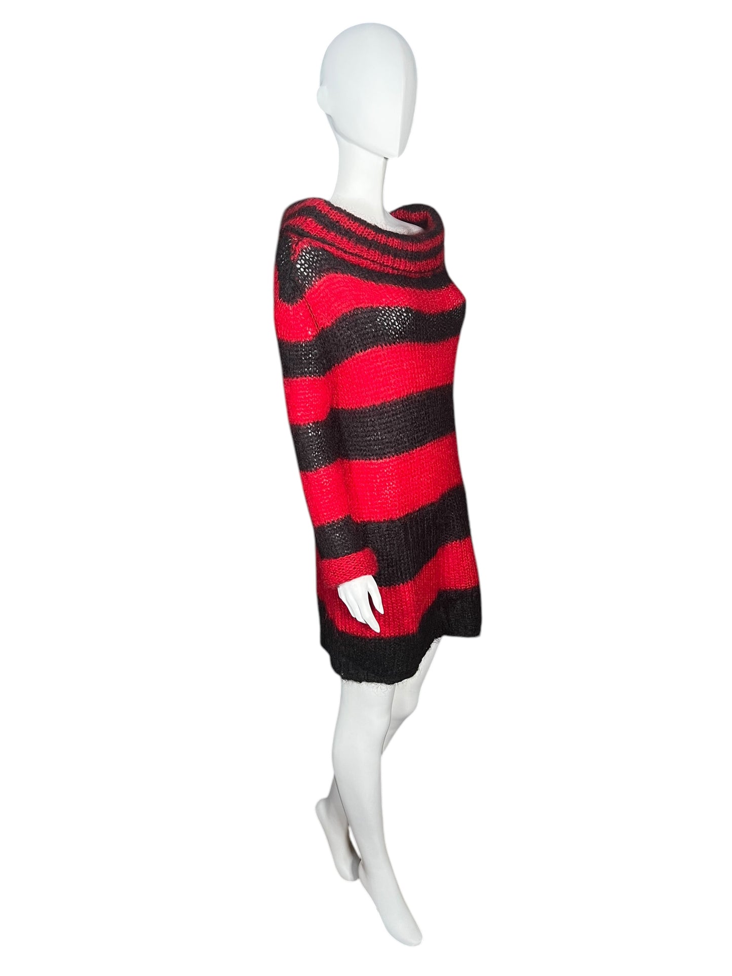 ALEXANDER MCQUEEN Red and Black Striped Mohair Knit Sweater Dress (L)