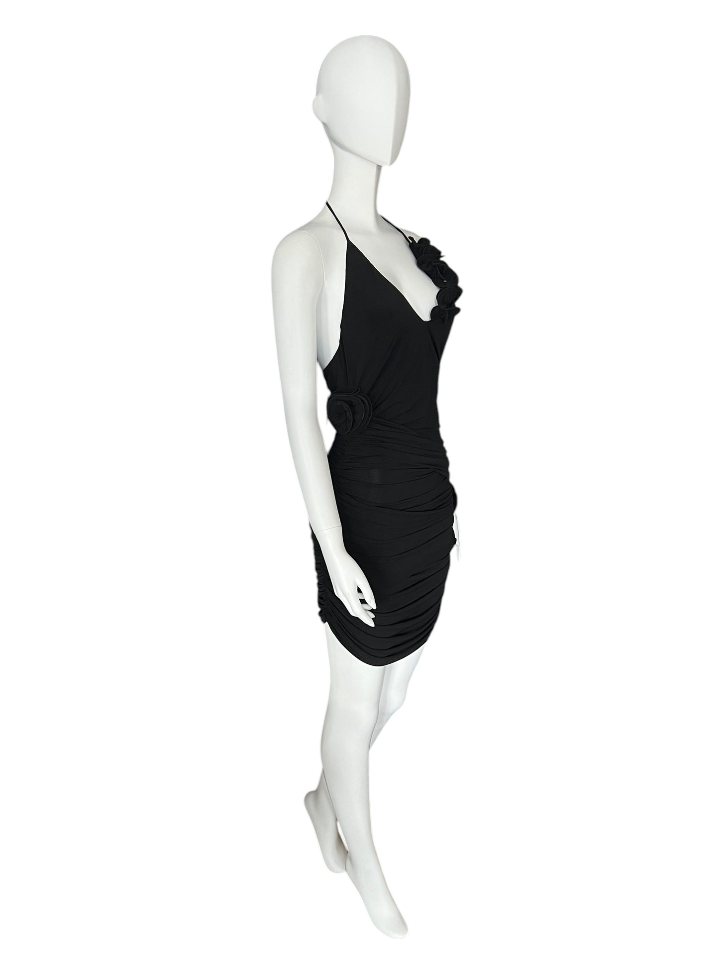 MAGDA BUTRYM Black Ruched Halter Dress with Rosette Accents (S)