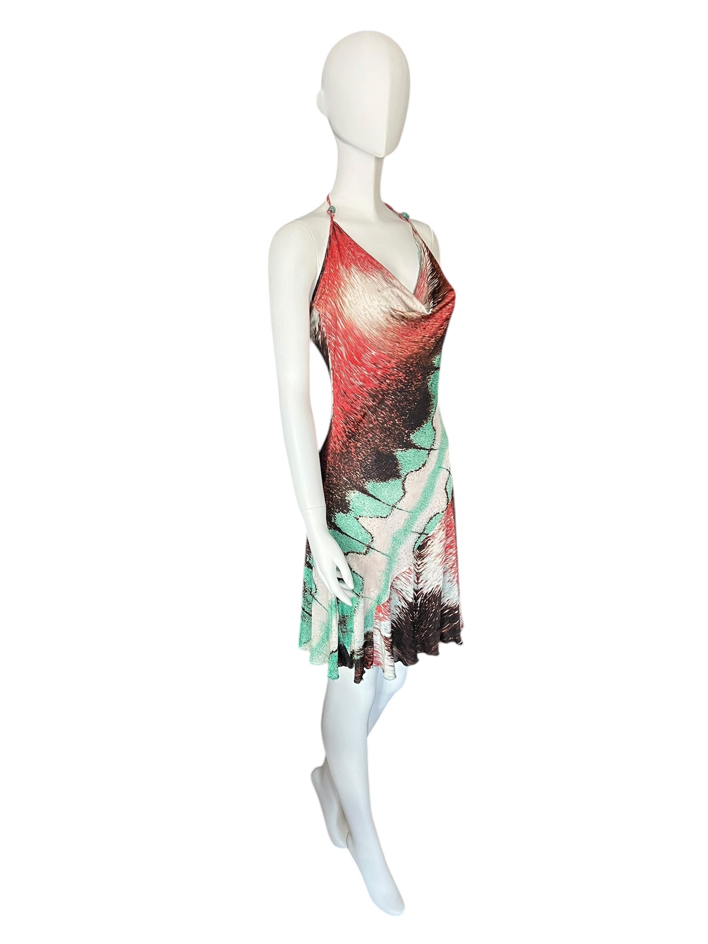 ROBERTO CAVALLI Early 2000s Feather Print Halterneck Dress (S-M)