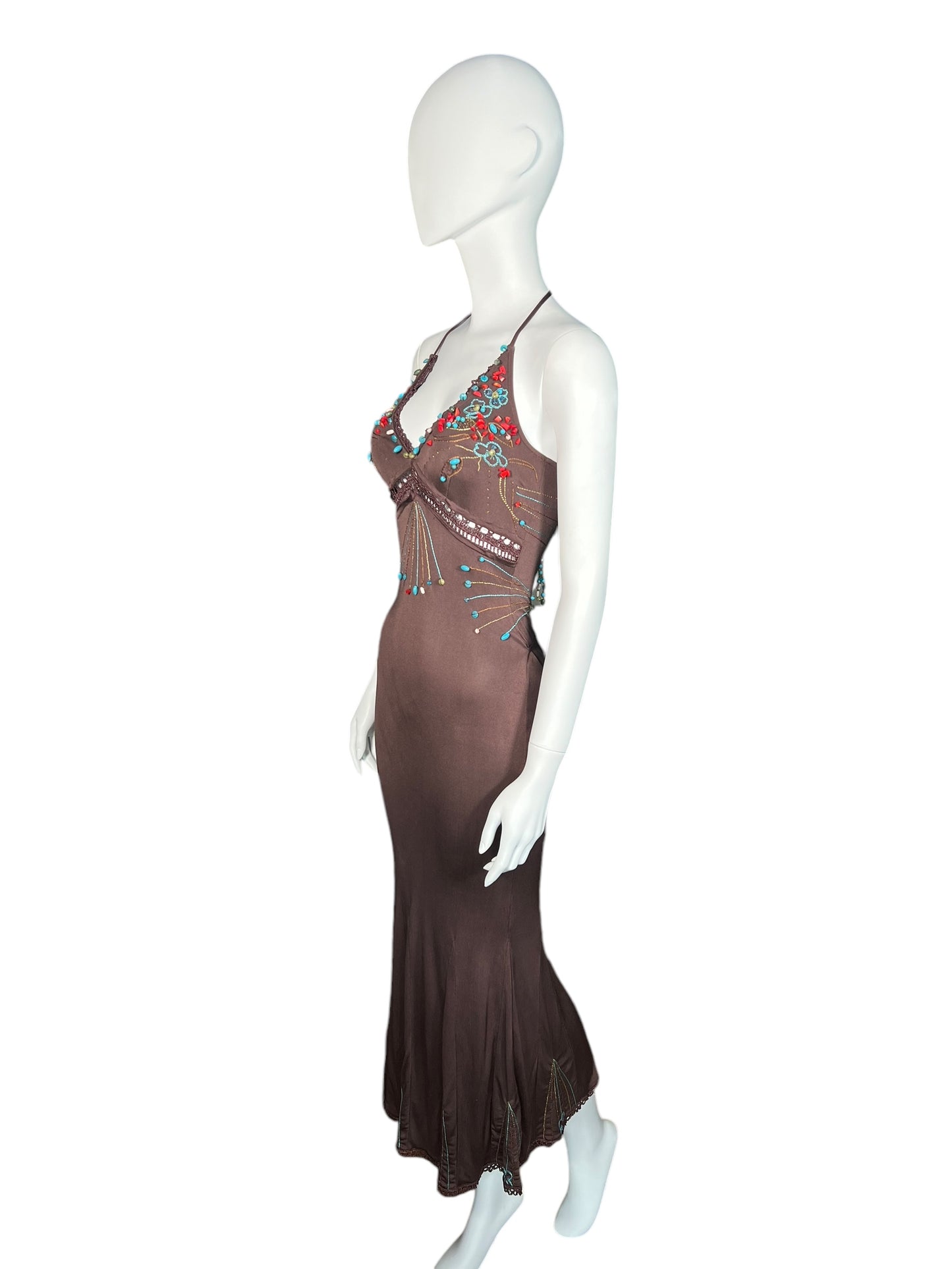 ROBERTO CAVALLI Brown Silk Beaded Dress (XS-S)