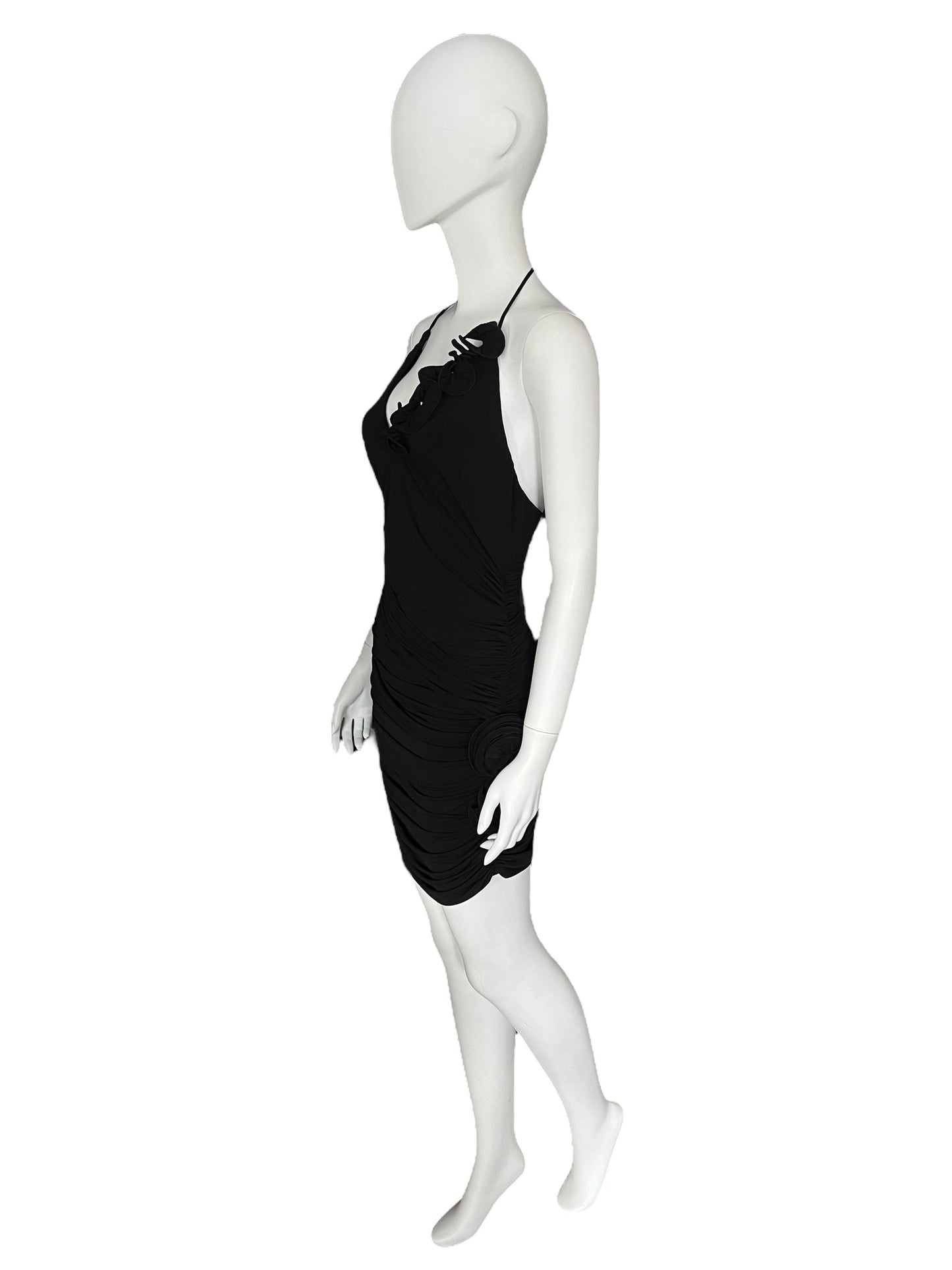 MAGDA BUTRYM Black Ruched Halter Dress with Rosette Accents (S)