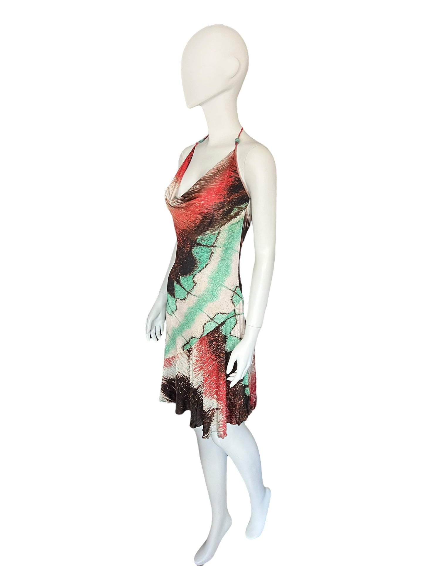 ROBERTO CAVALLI Early 2000s Feather Print Halterneck Dress (S-M)
