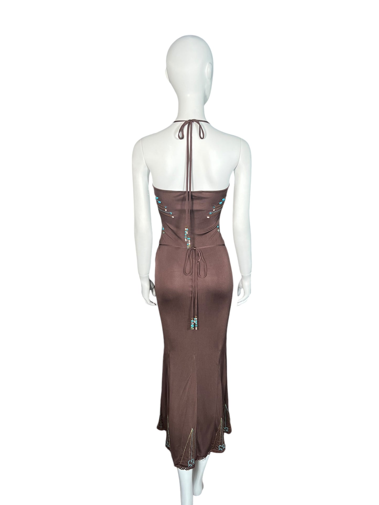 ROBERTO CAVALLI Brown Silk Beaded Dress (XS-S)