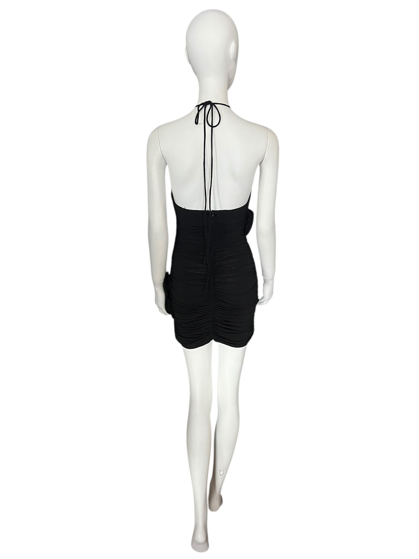 MAGDA BUTRYM Black Ruched Halter Dress with Rosette Accents (S)