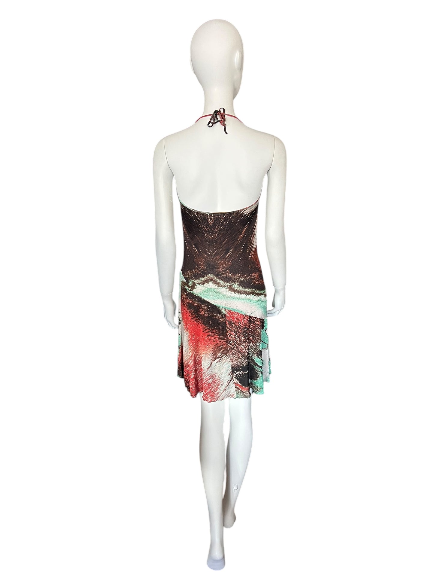 ROBERTO CAVALLI Early 2000s Feather Print Halterneck Dress (S-M)