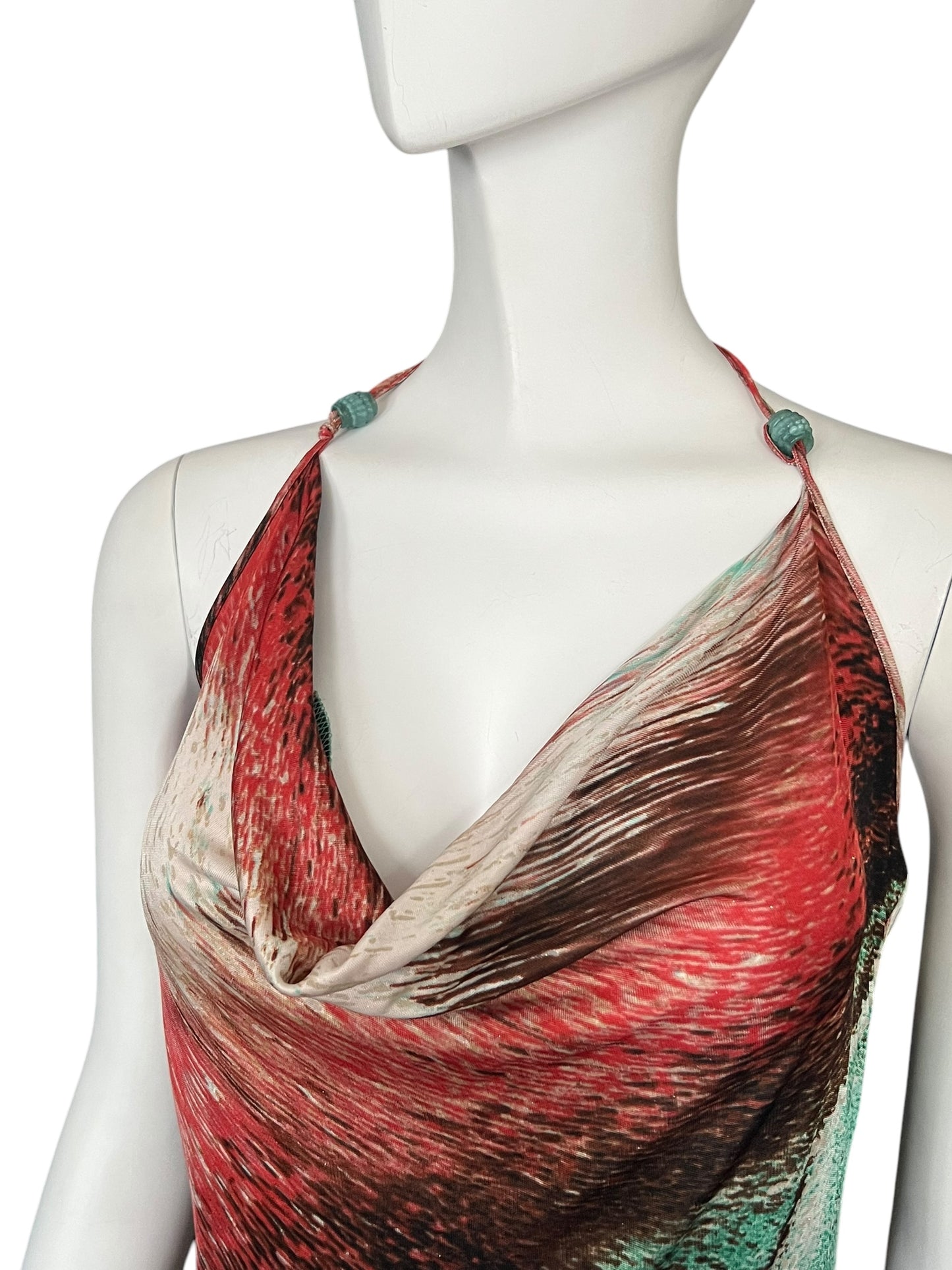 ROBERTO CAVALLI Early 2000s Feather Print Halterneck Dress (S-M)