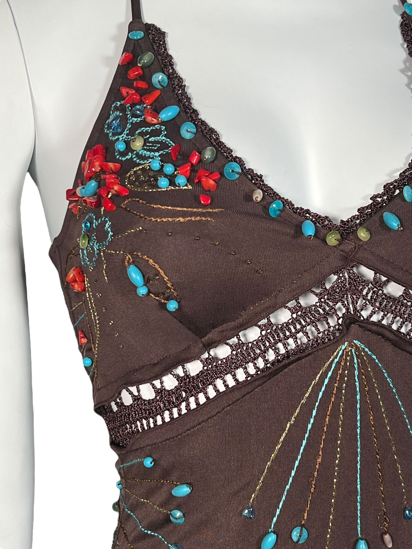 ROBERTO CAVALLI Brown Silk Beaded Dress (XS-S)