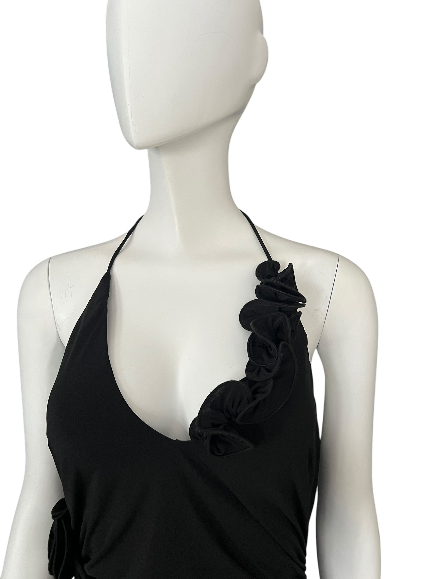 MAGDA BUTRYM Black Ruched Halter Dress with Rosette Accents (S)