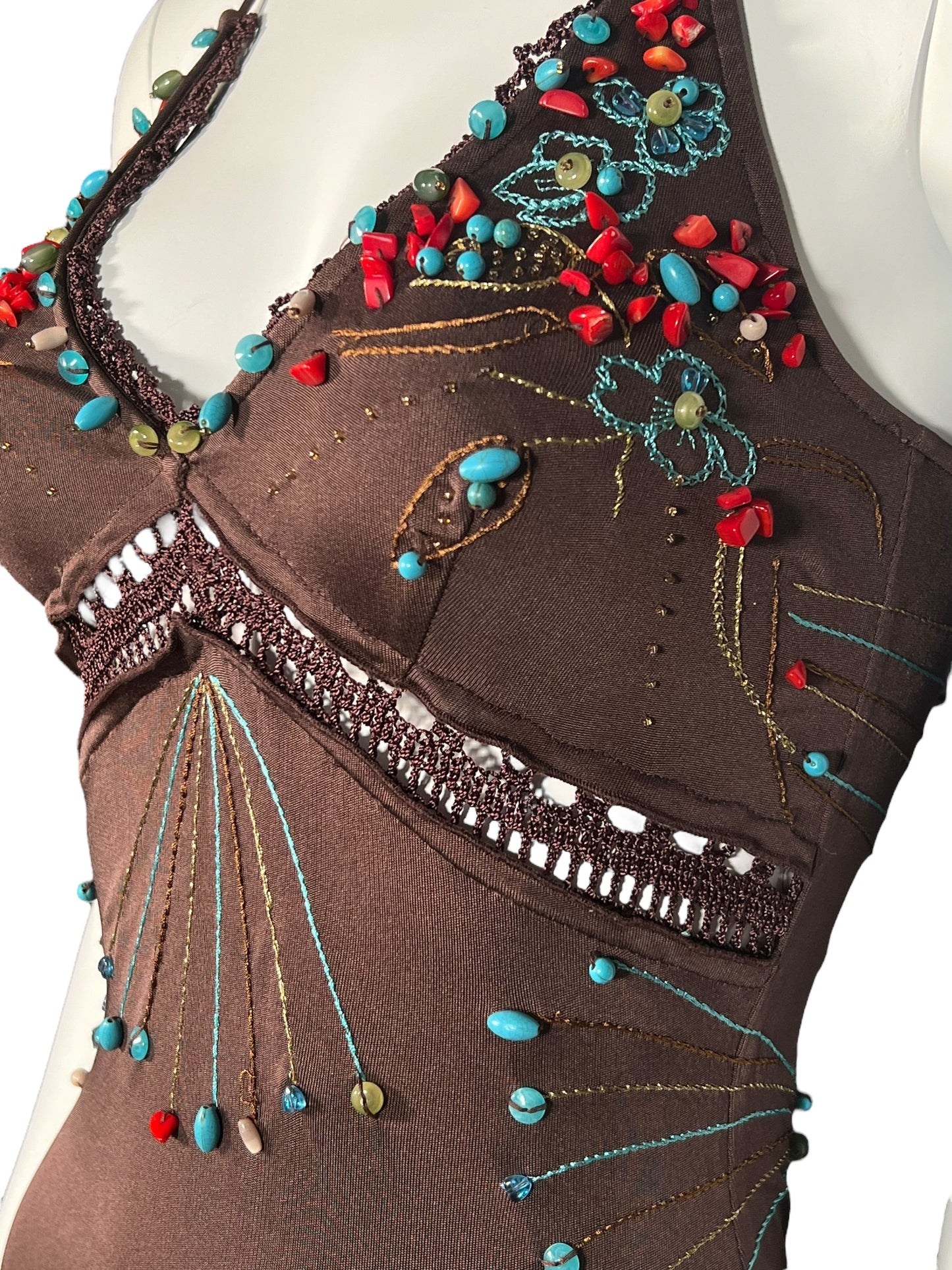 ROBERTO CAVALLI Brown Silk Beaded Dress (XS-S)
