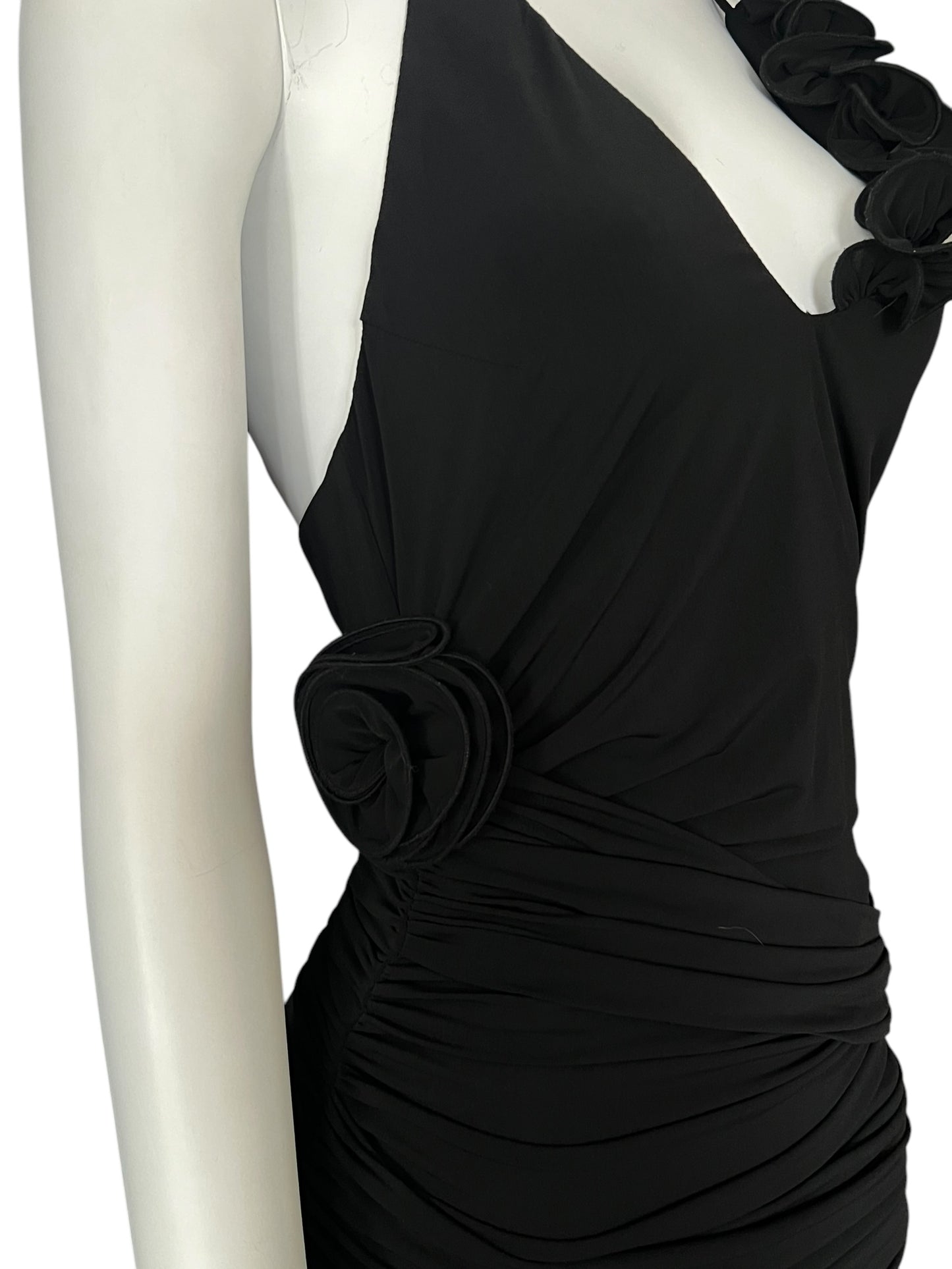 MAGDA BUTRYM Black Ruched Halter Dress with Rosette Accents (S)