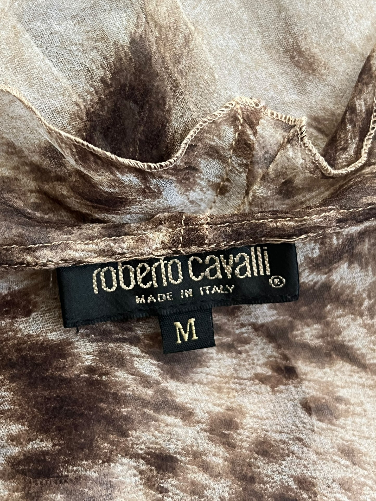 ROBERTO CAVALLI 2000s Sheer Ruffled Tie-Dye Blouse (M)