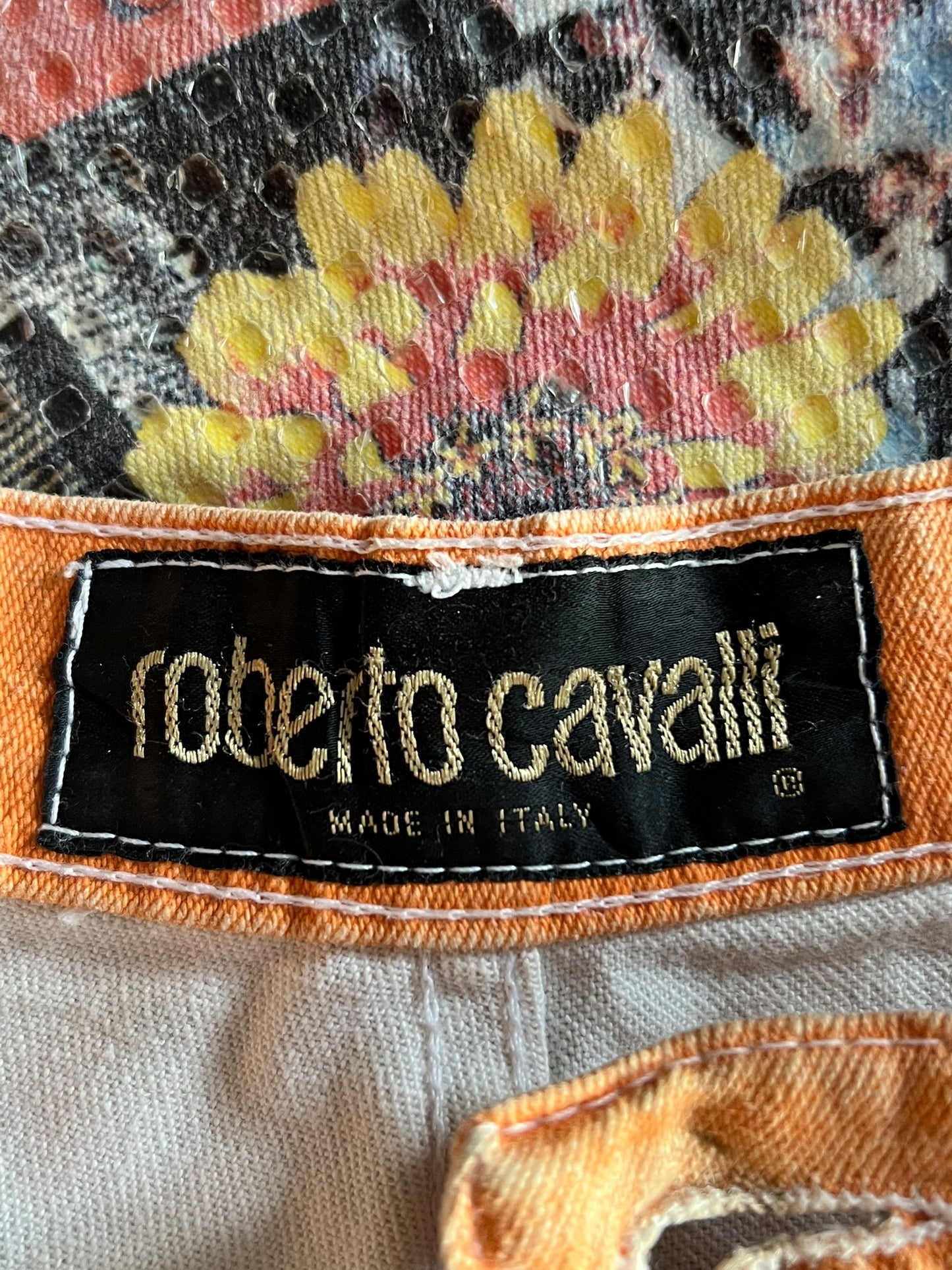 ROBERTO CAVALLI Graphic Print Textured Pants with Embedded Sequins (S)