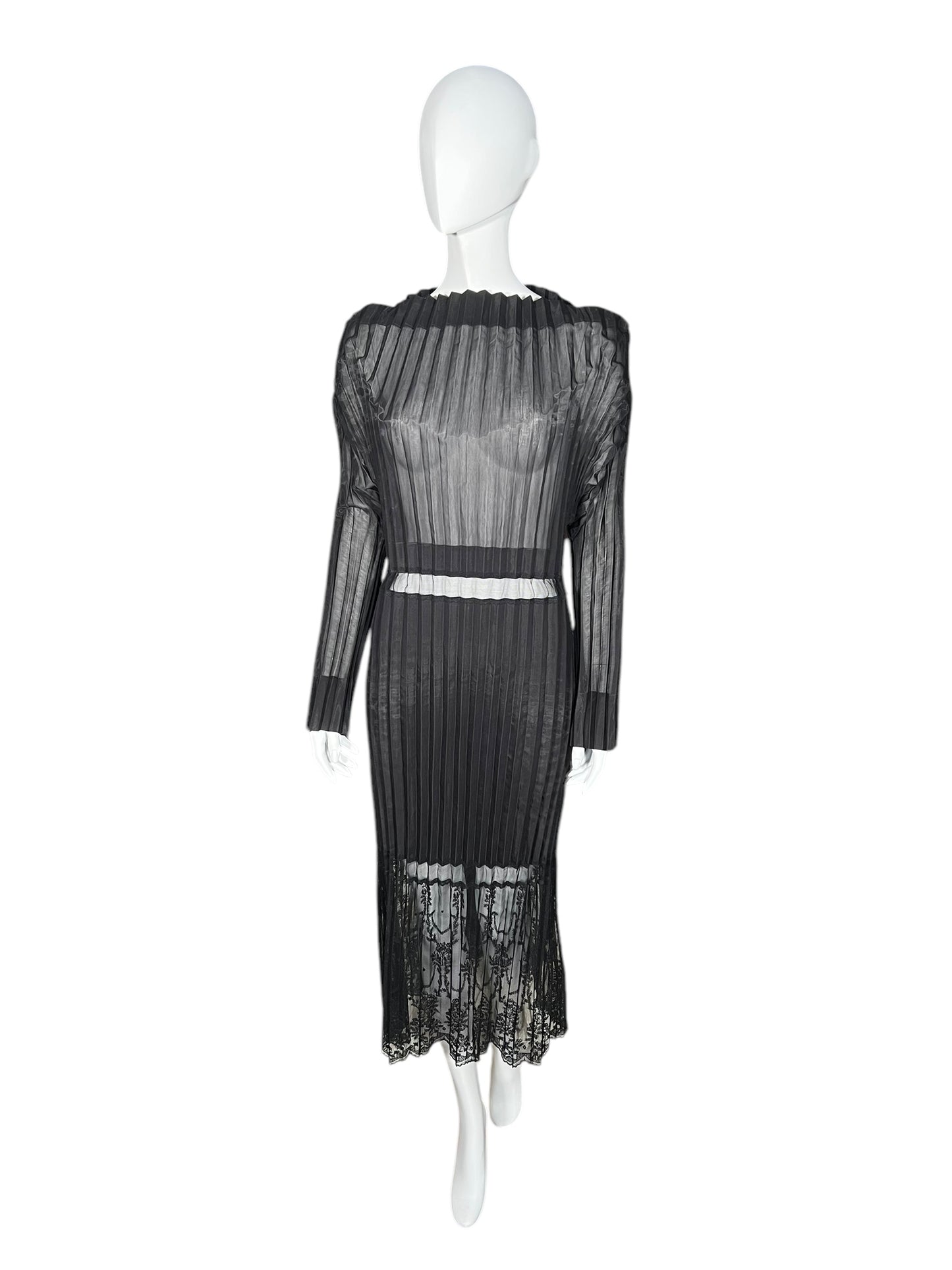 STELLA MCCARTNEY Sheer Pleated Midi Dress with Lace Hem (M-L)