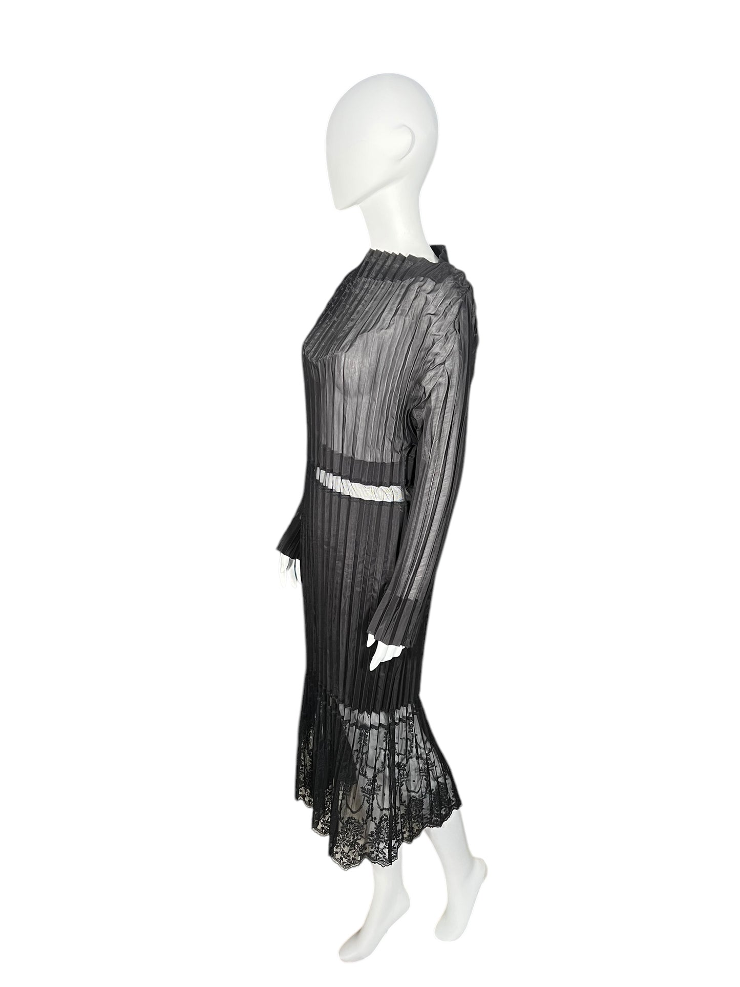 STELLA MCCARTNEY Sheer Pleated Midi Dress with Lace Hem (M-L)