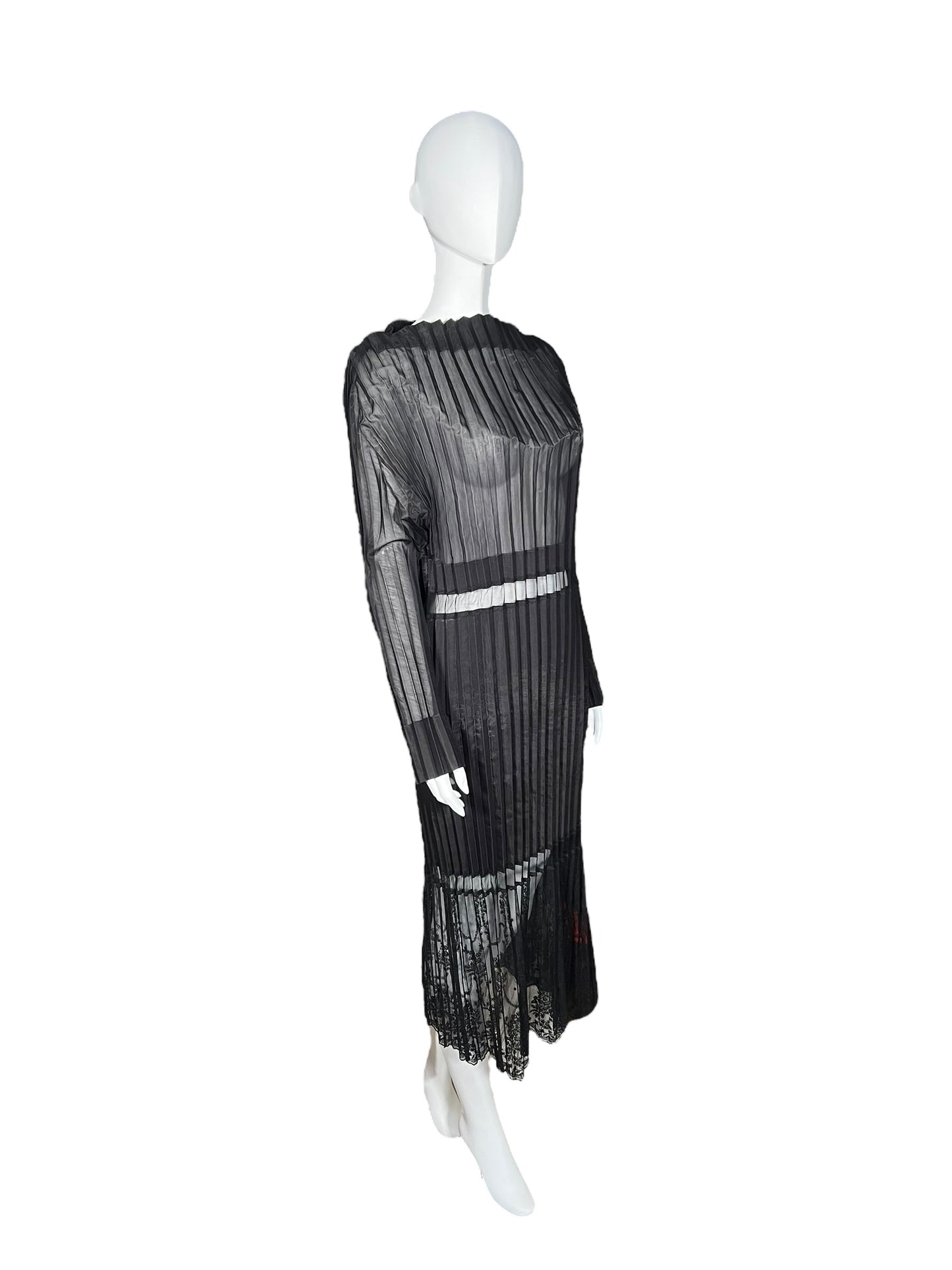 STELLA MCCARTNEY Sheer Pleated Midi Dress with Lace Hem (M-L)