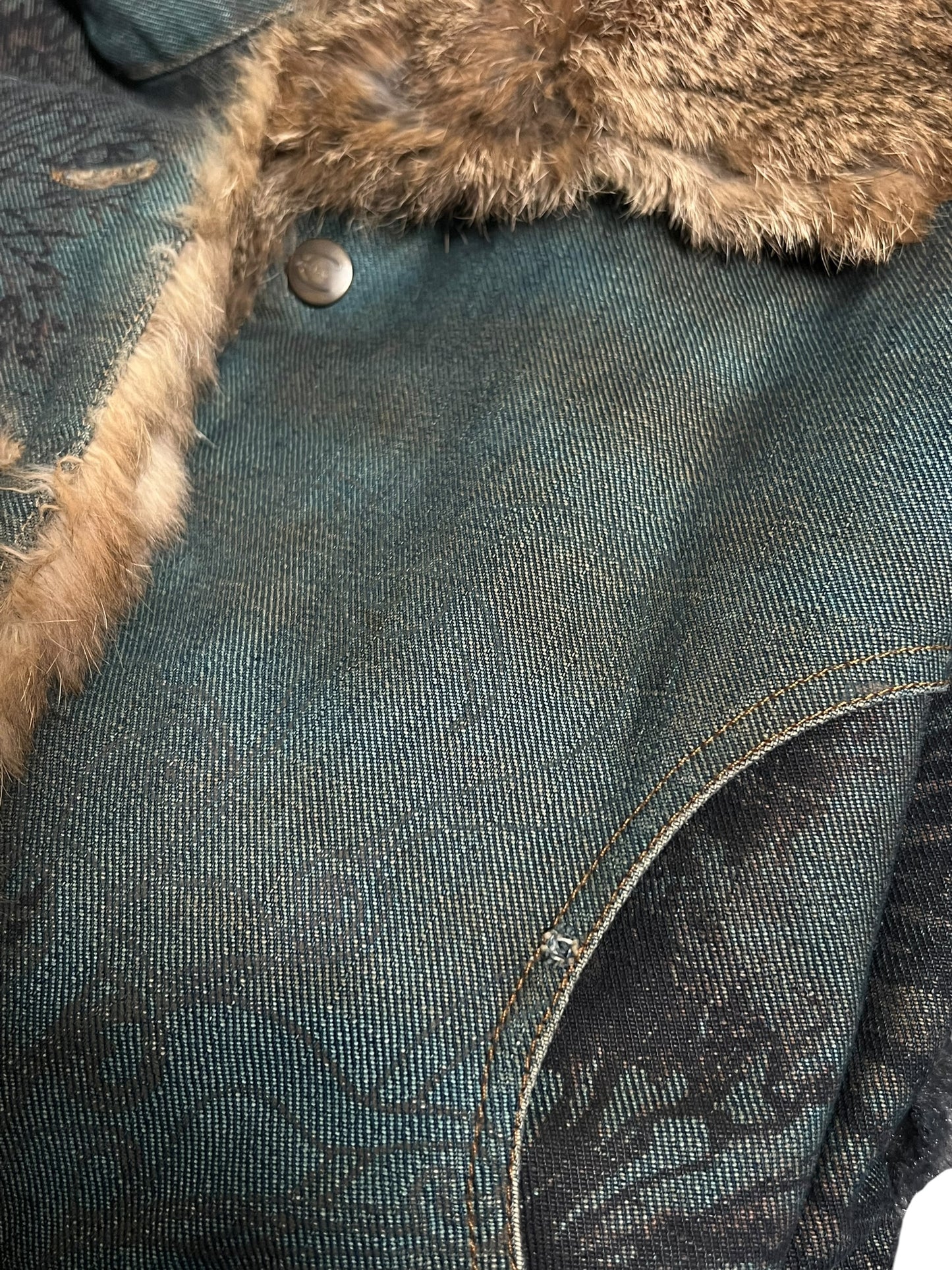 ROBERTO CAVALLI "Just" Printed Denim Jacket with Fur Trim (XS)