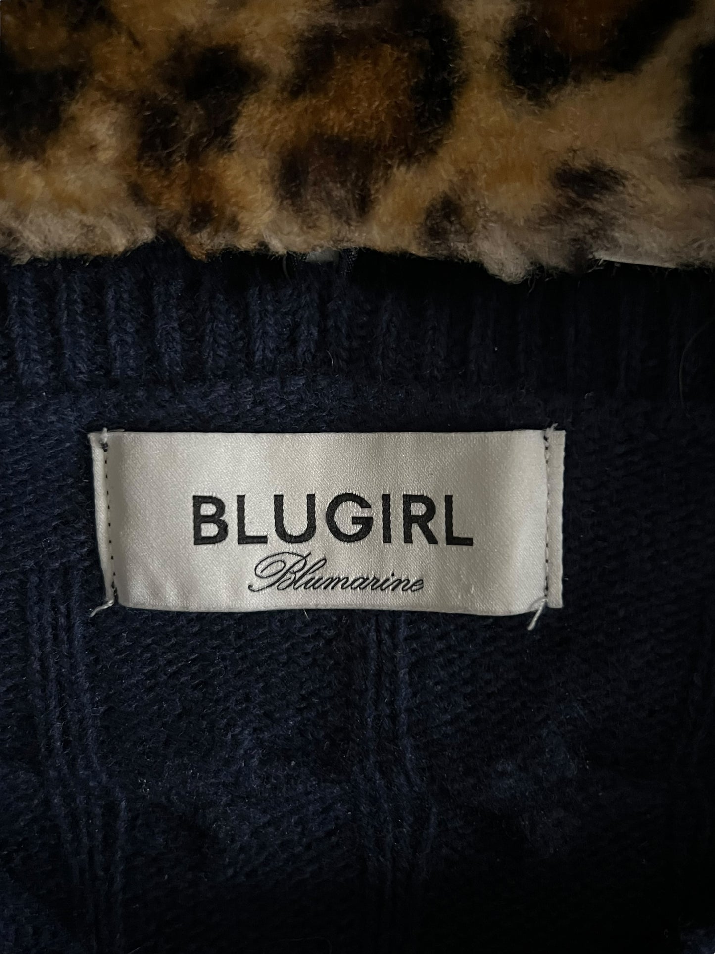BLUGIRL BLUMARINE Cable Knit Cardigan with Leopard Fur Collar (M)