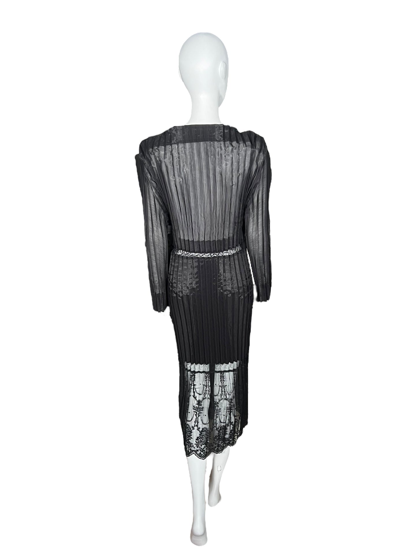 STELLA MCCARTNEY Sheer Pleated Midi Dress with Lace Hem (M-L)
