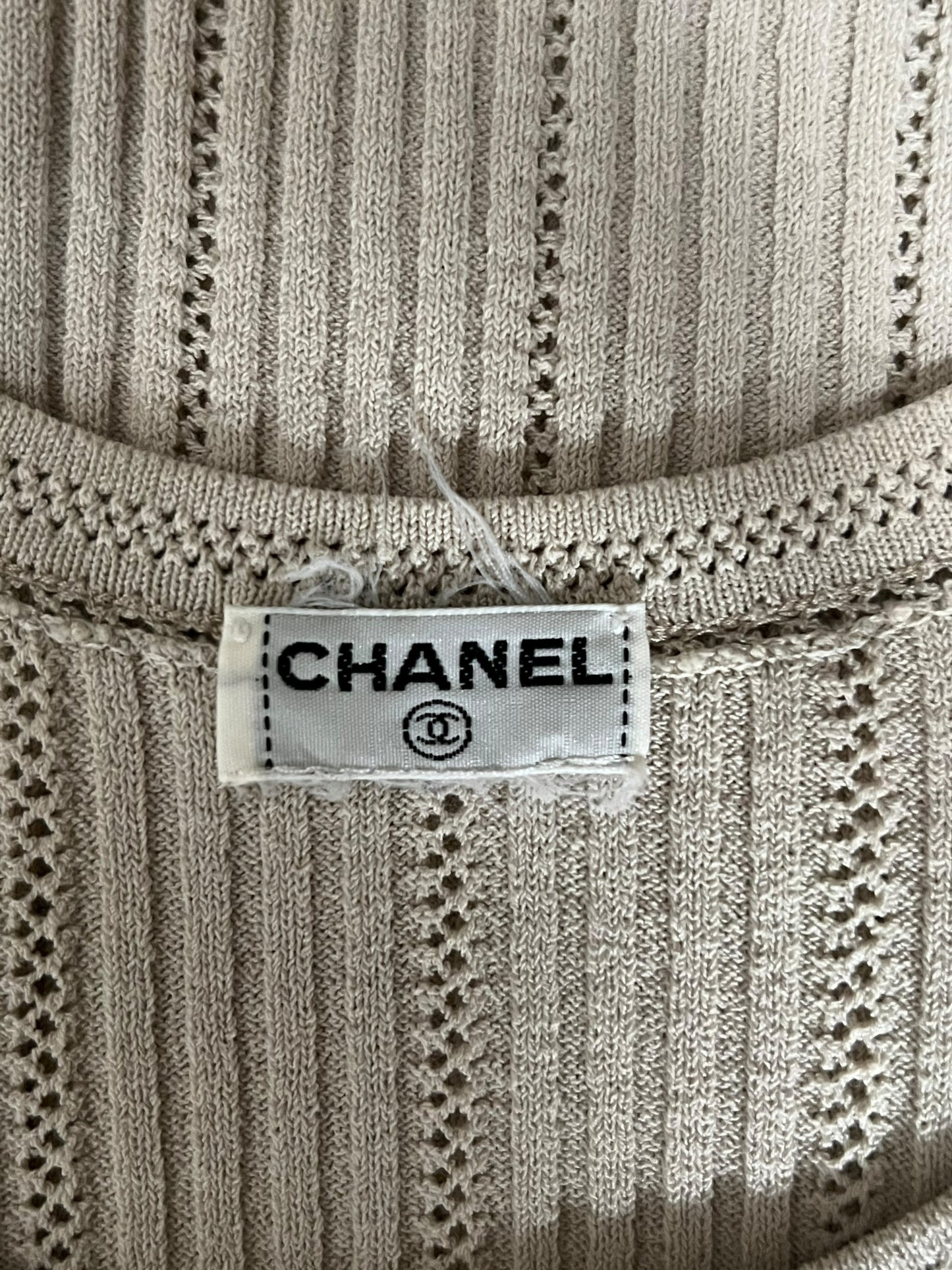 CHANEL Beige Ribbed Knit Logo Tank Top (S)