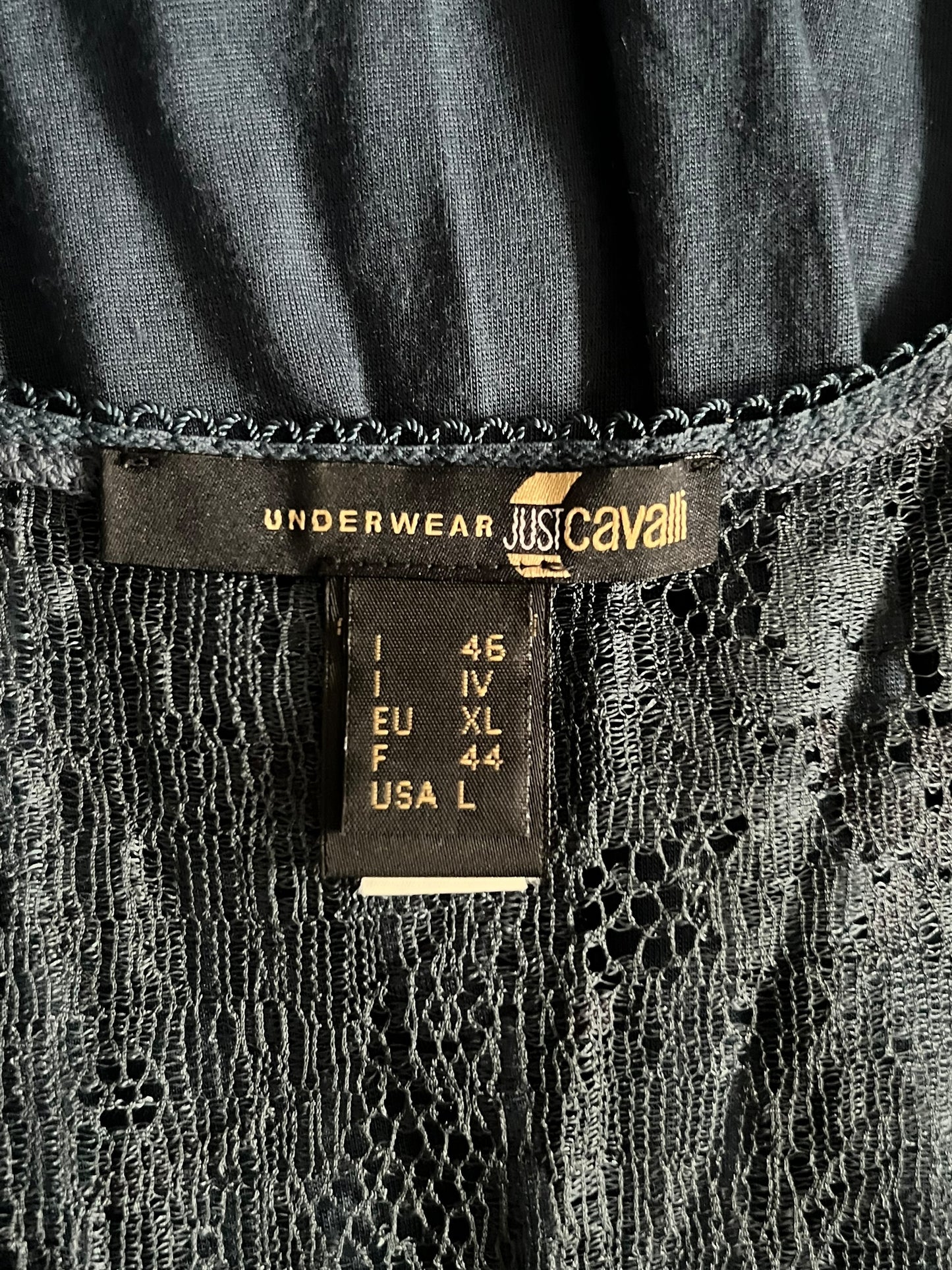 JUST CAVALLI Lace-Trimmed Navy Top with Logo Charm (XL)