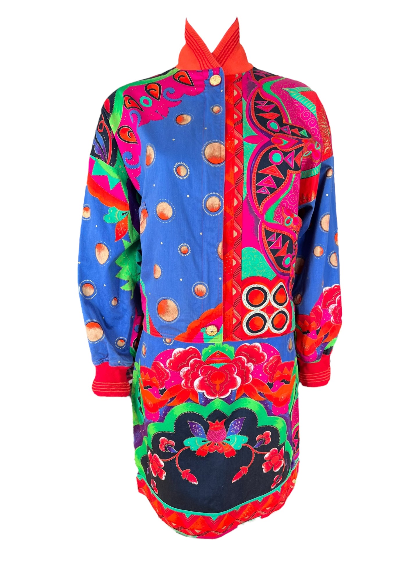 GIANNI VERSACE S/S 1991 Multicolour Cotton Bomber Jacket & Skirt Set (M)