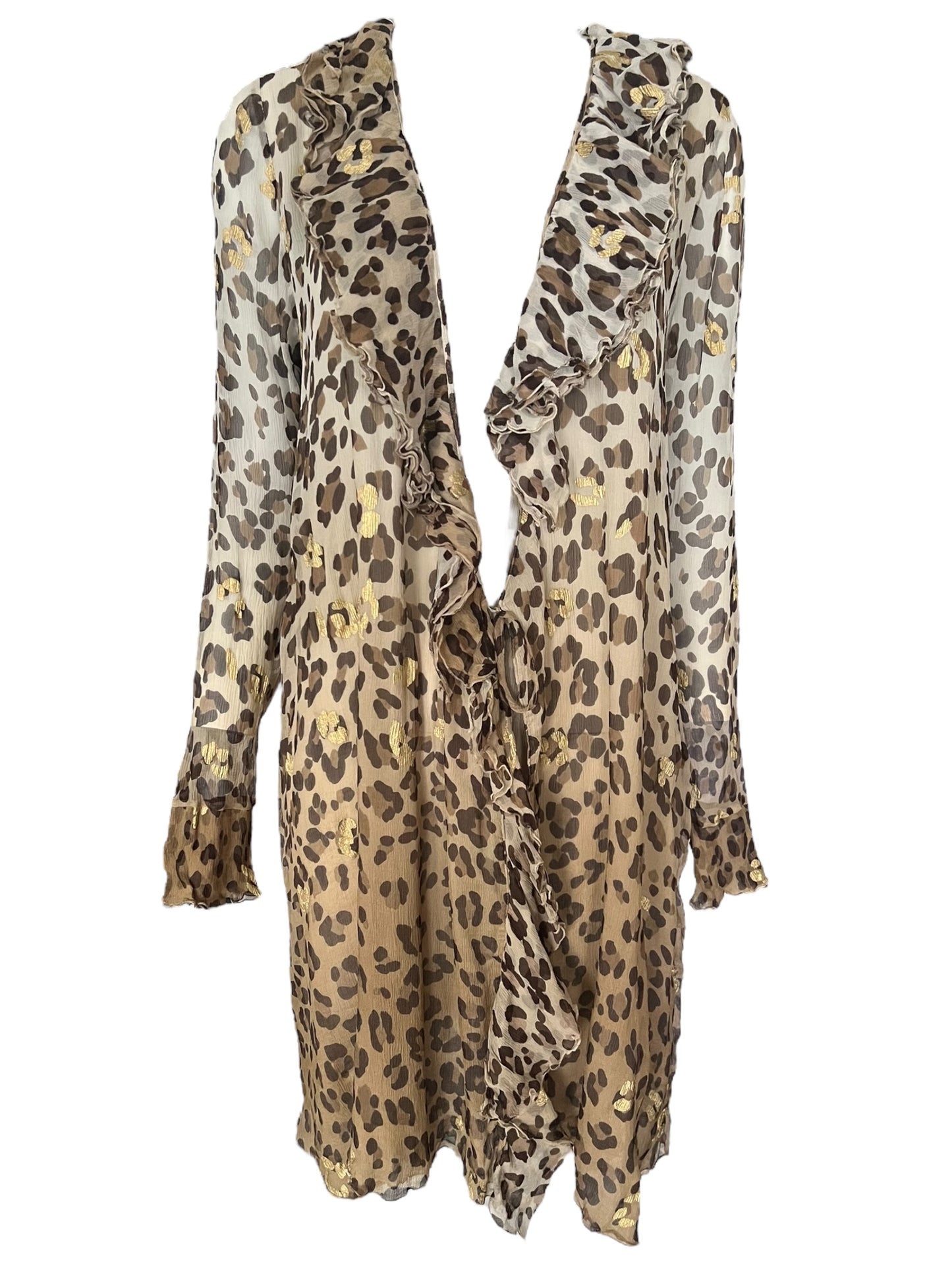 BLUMARINE Silk Leopard Print Gold Foil Ruffle Wrap Dress (M)