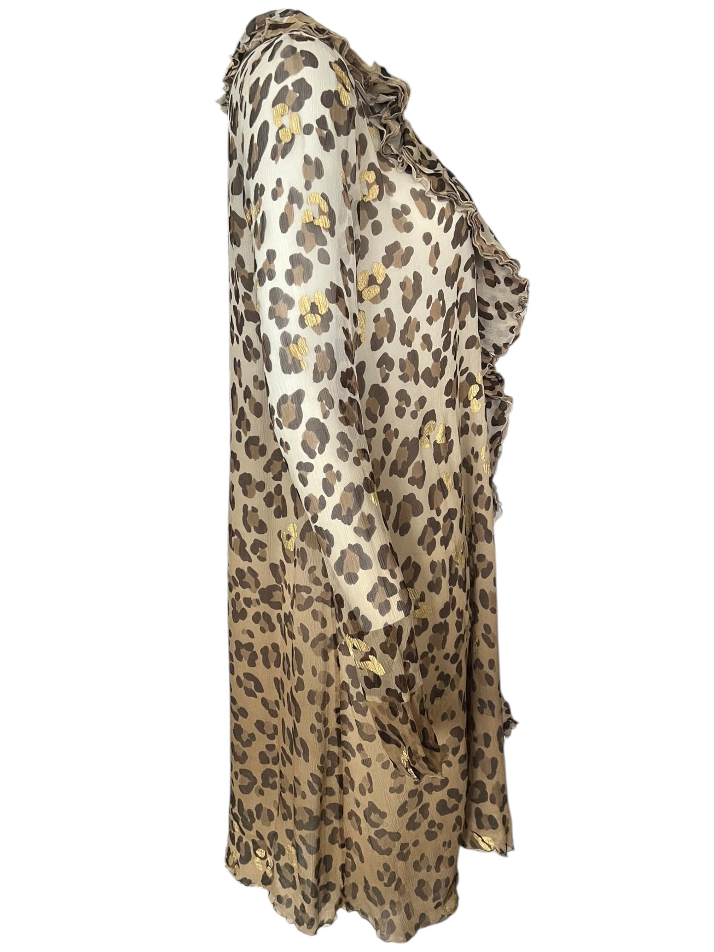 BLUMARINE Silk Leopard Print Gold Foil Ruffle Wrap Dress (M)