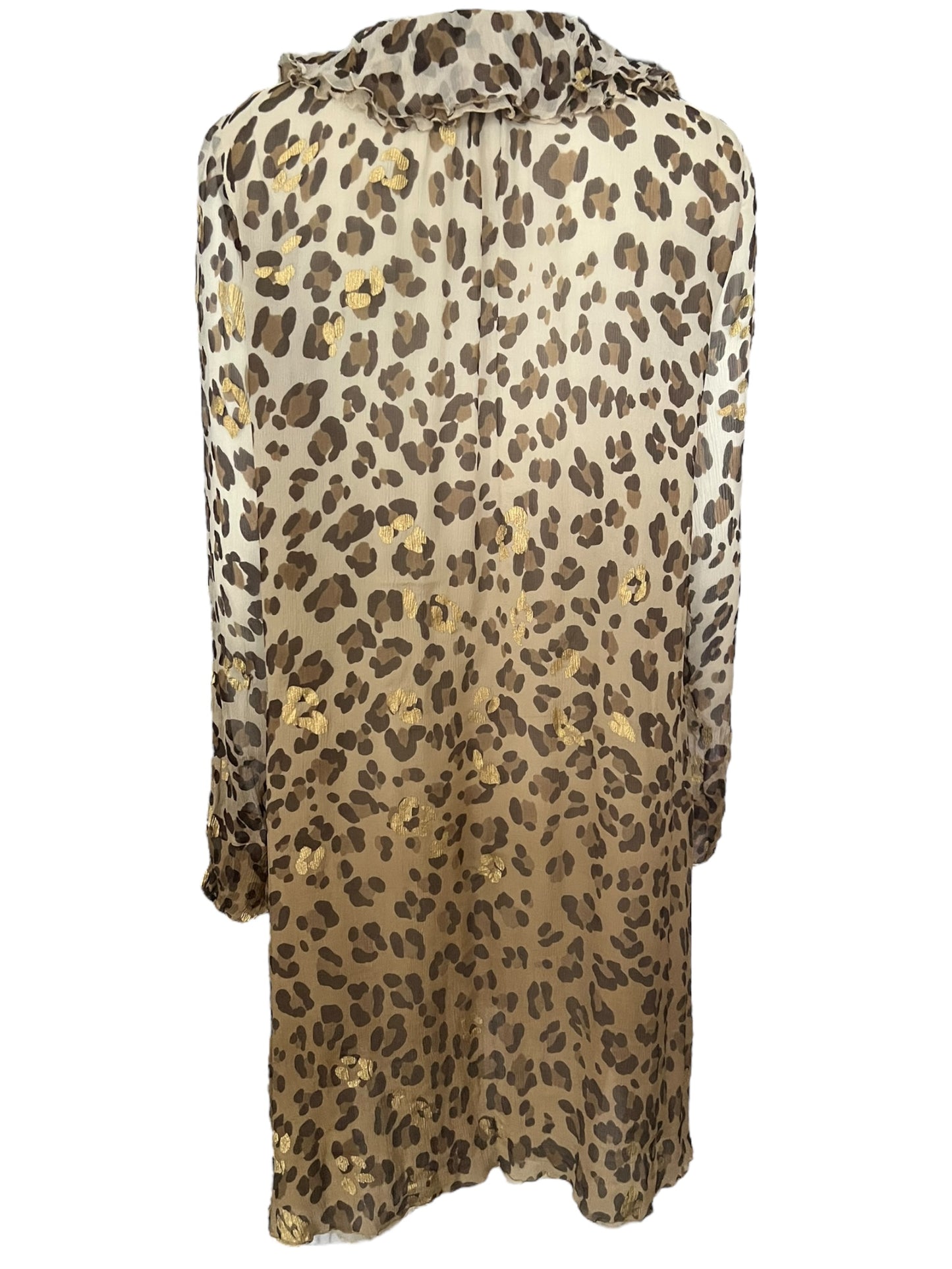 BLUMARINE Silk Leopard Print Gold Foil Ruffle Wrap Dress (M)