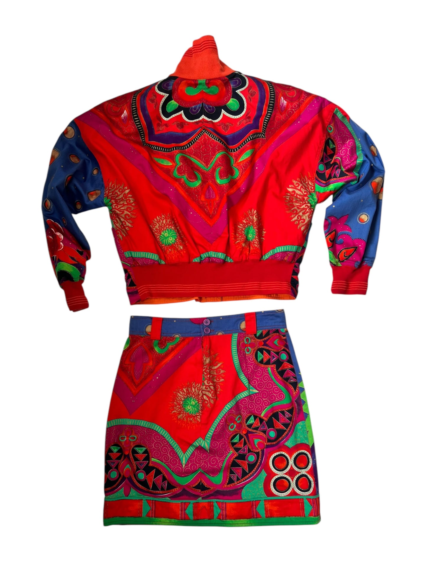 GIANNI VERSACE S/S 1991 Multicolour Cotton Bomber Jacket & Skirt Set (M)