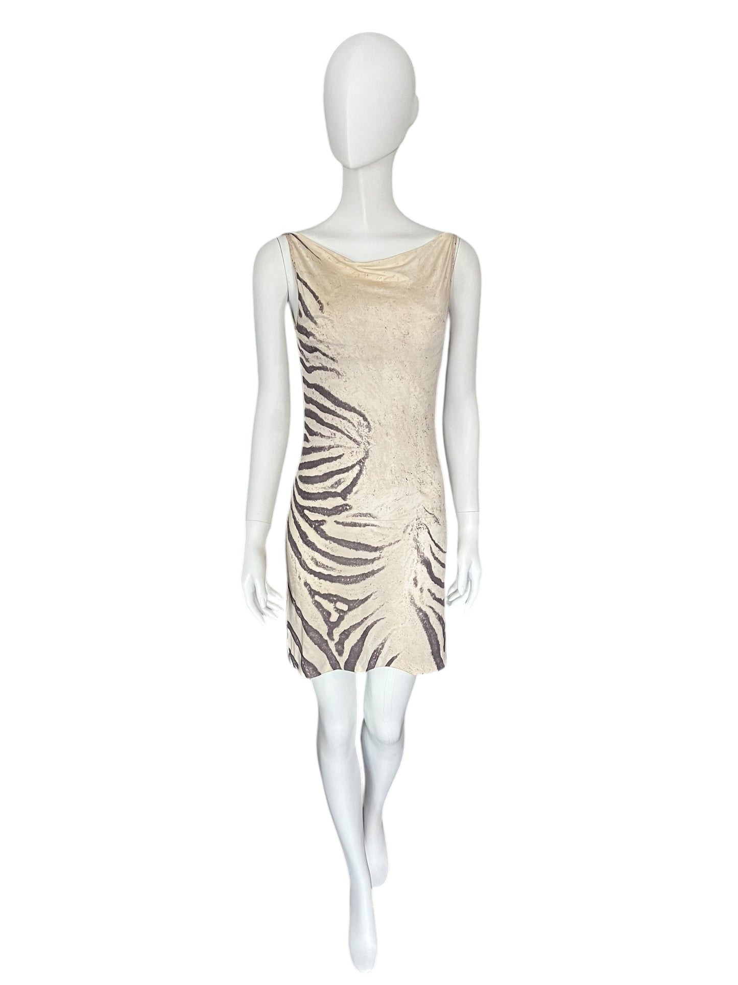 ROBERTO CAVALLI S/S 1999 Beige Zebra-Print Sleeveless Dress (XS)