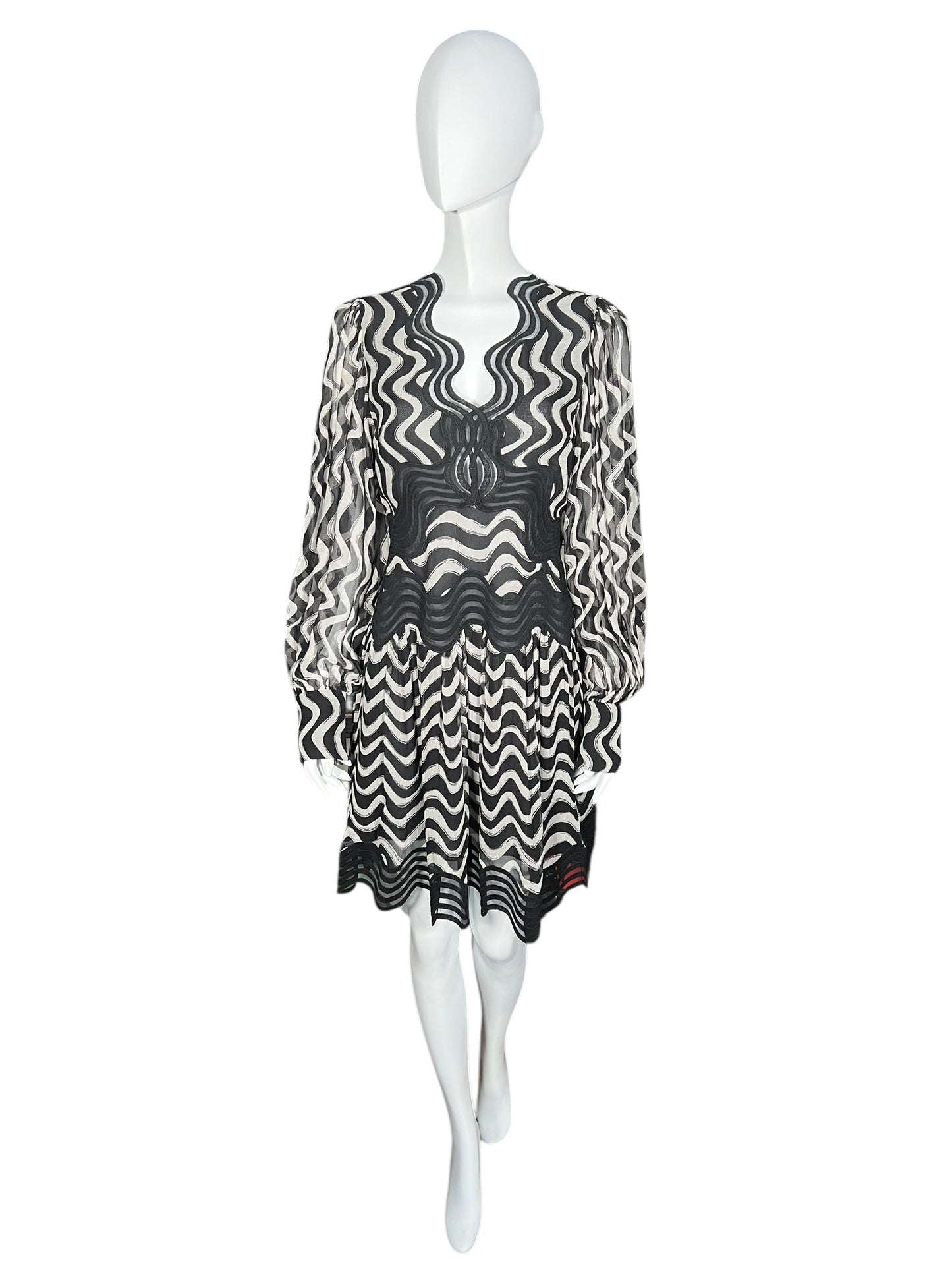 STELLA MCCARTNEY Black and White Wave Embroidered Silk Mini Dress (S)