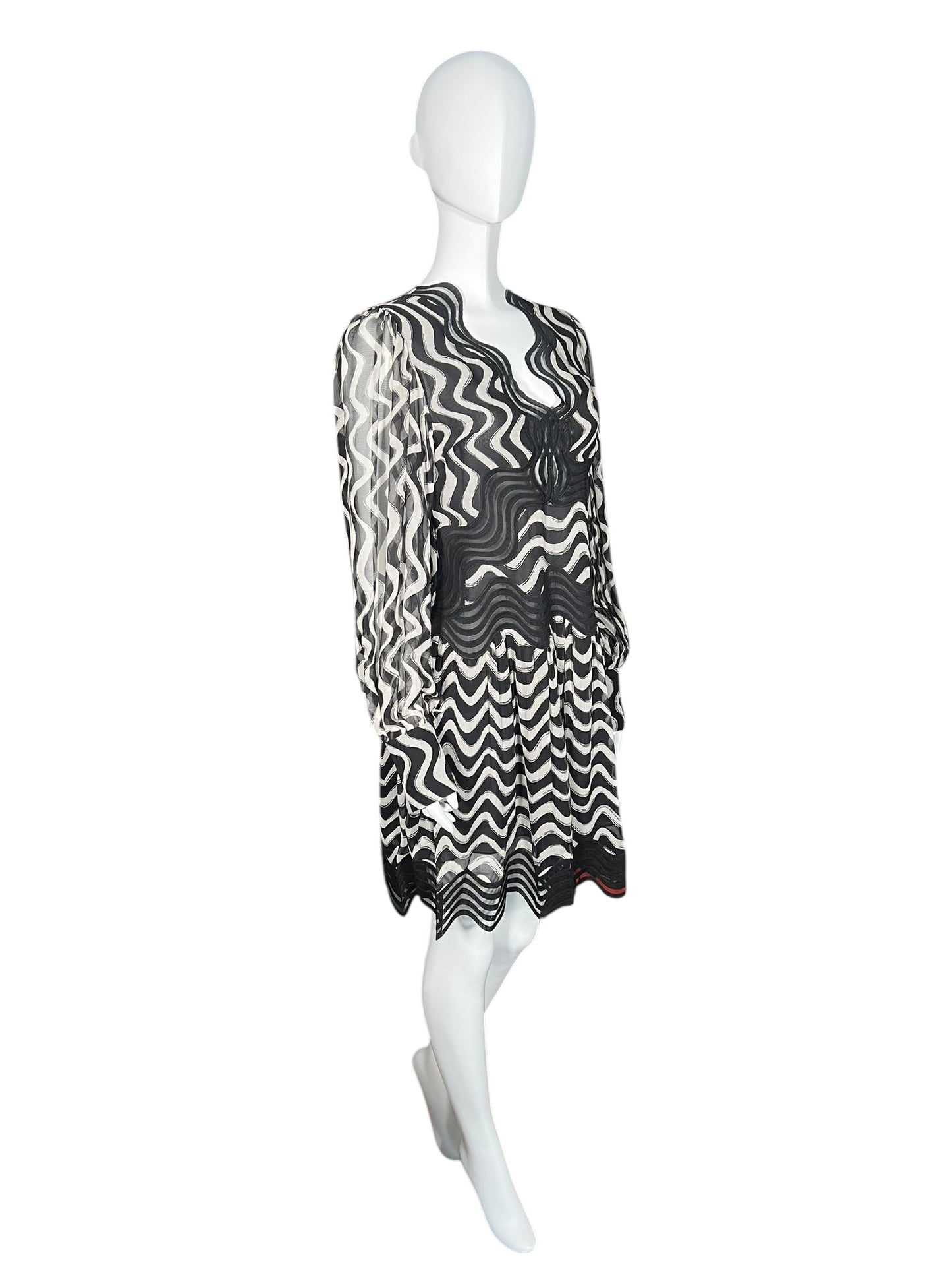 STELLA MCCARTNEY Black and White Wave Embroidered Silk Mini Dress (S)