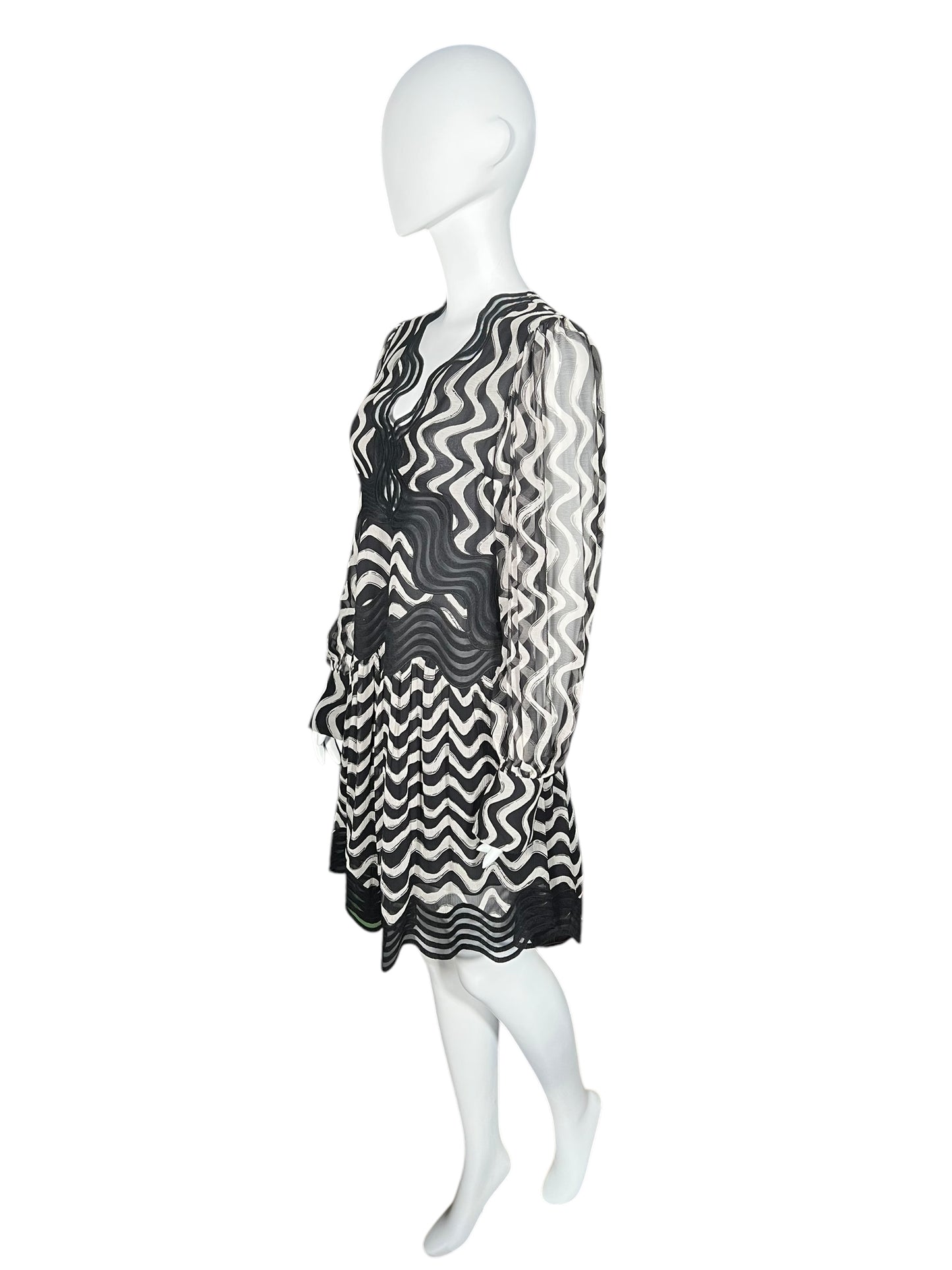 STELLA MCCARTNEY Black and White Wave Embroidered Silk Mini Dress (S)