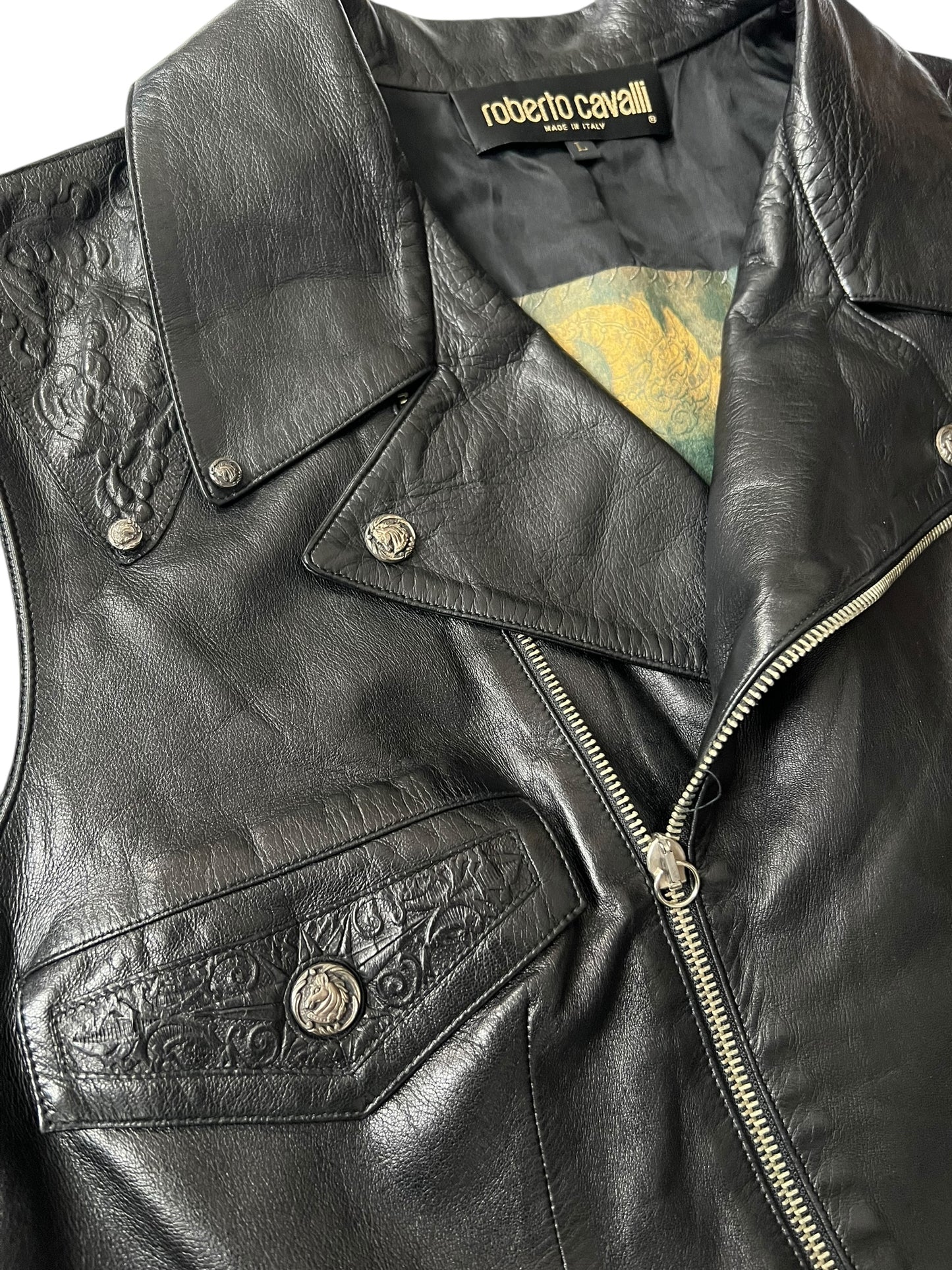 ROBERTO CAVALLI 2000s Embossed Black Leather Biker Vest (L)