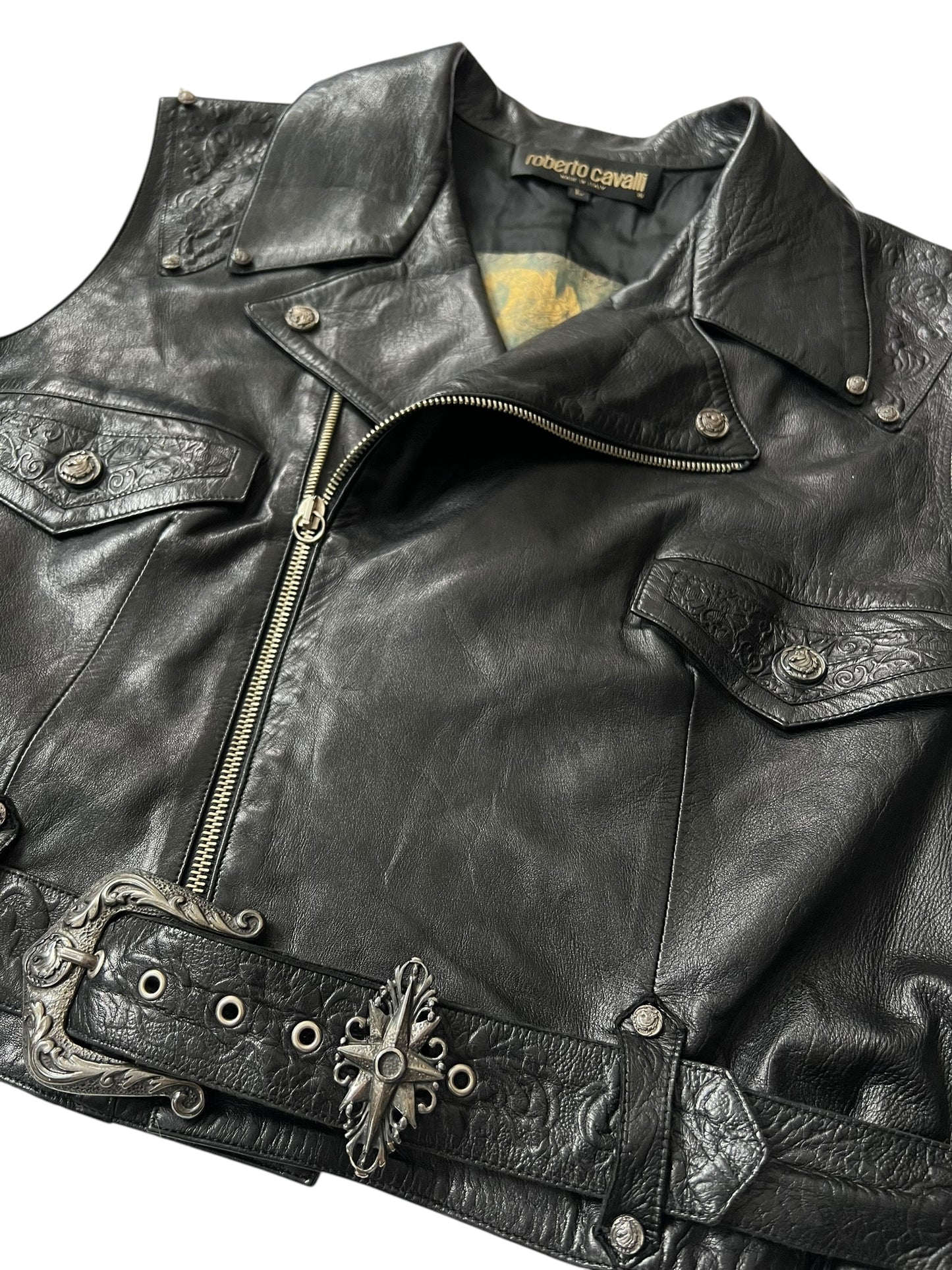 ROBERTO CAVALLI 2000s Embossed Black Leather Biker Vest (L)