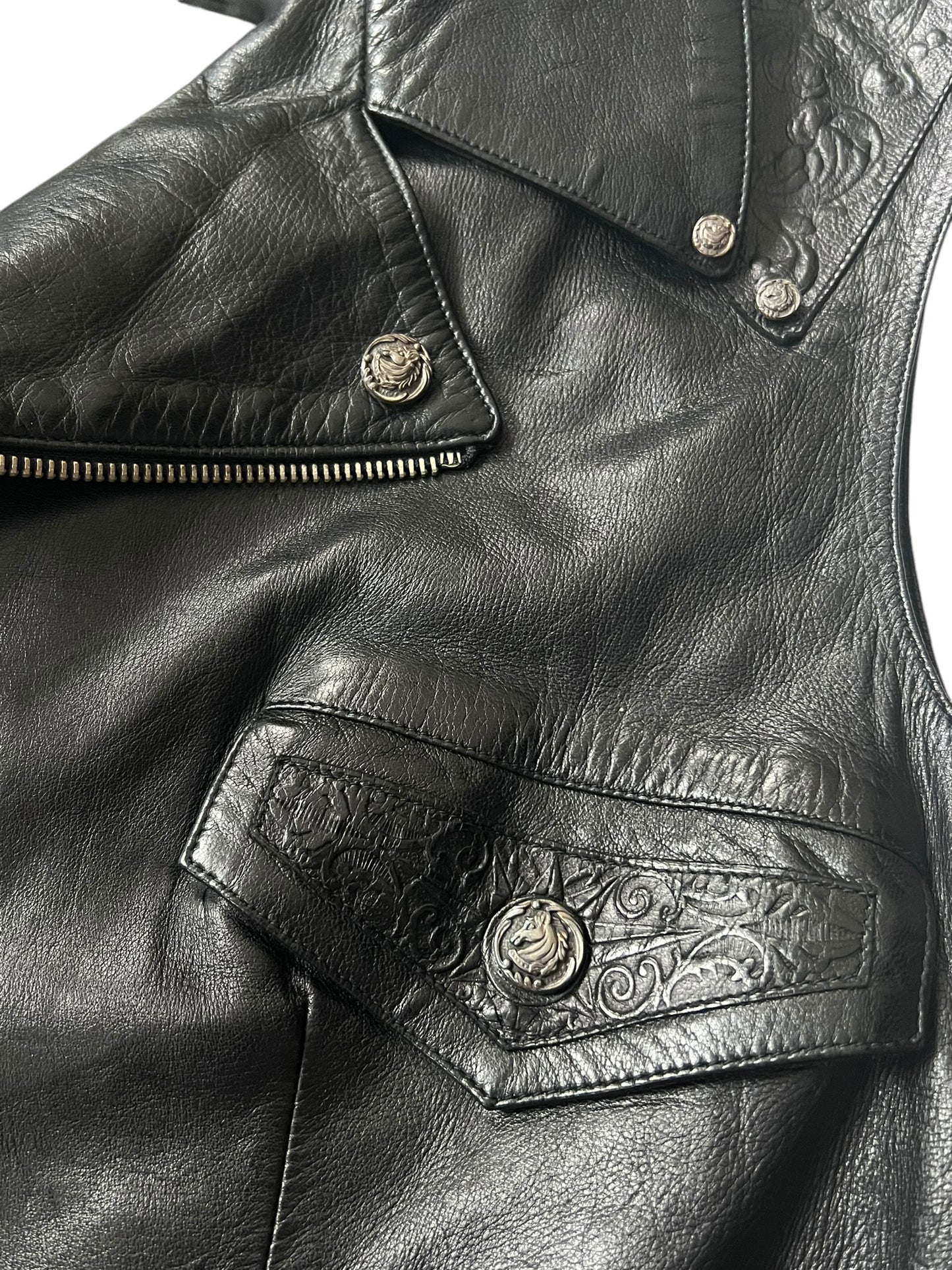 ROBERTO CAVALLI 2000s Embossed Black Leather Biker Vest (L)