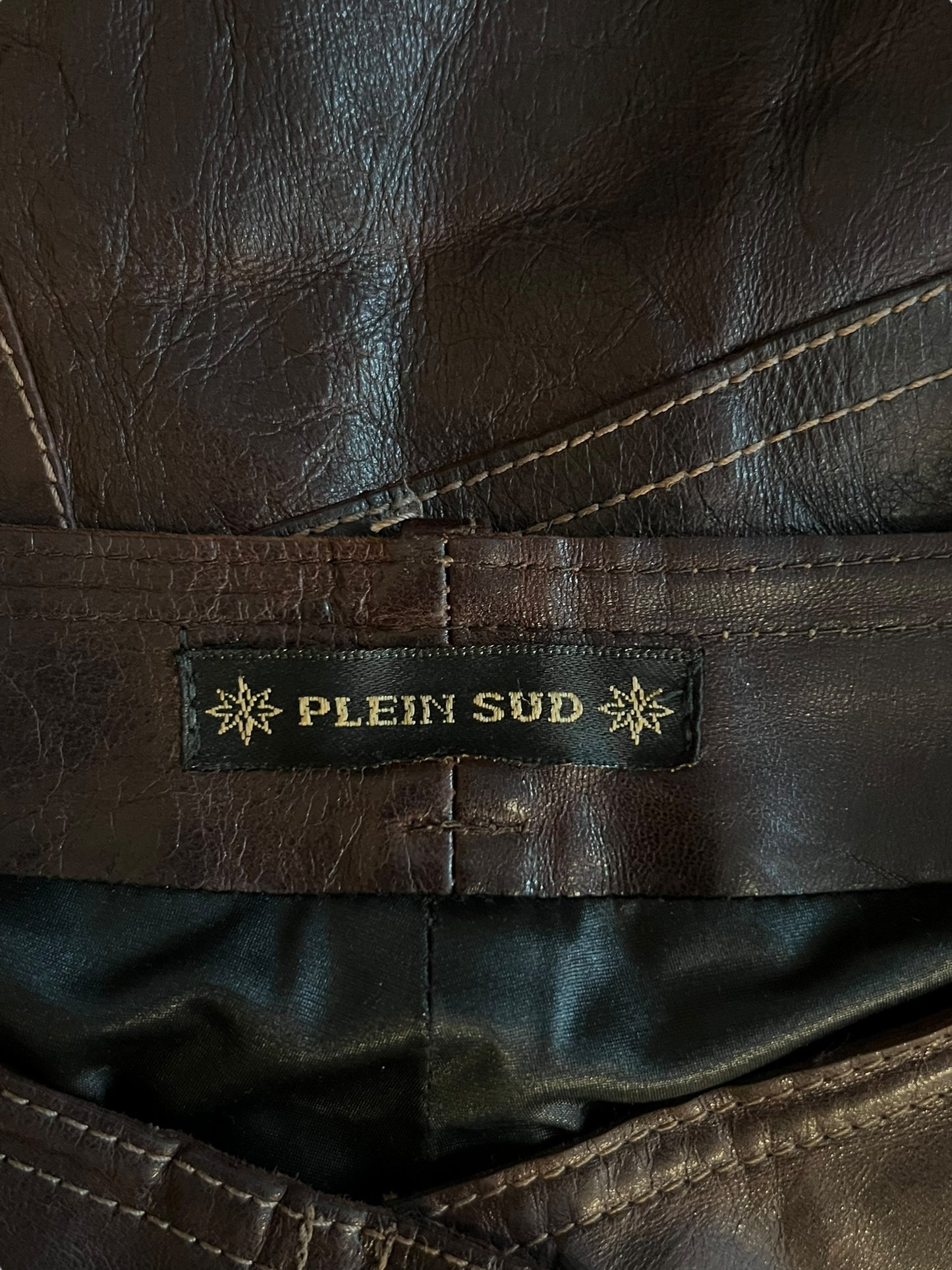 PLEIN SUD F/W 2002 Aubergine-Tinted Brown Leather Studded Pants (S)