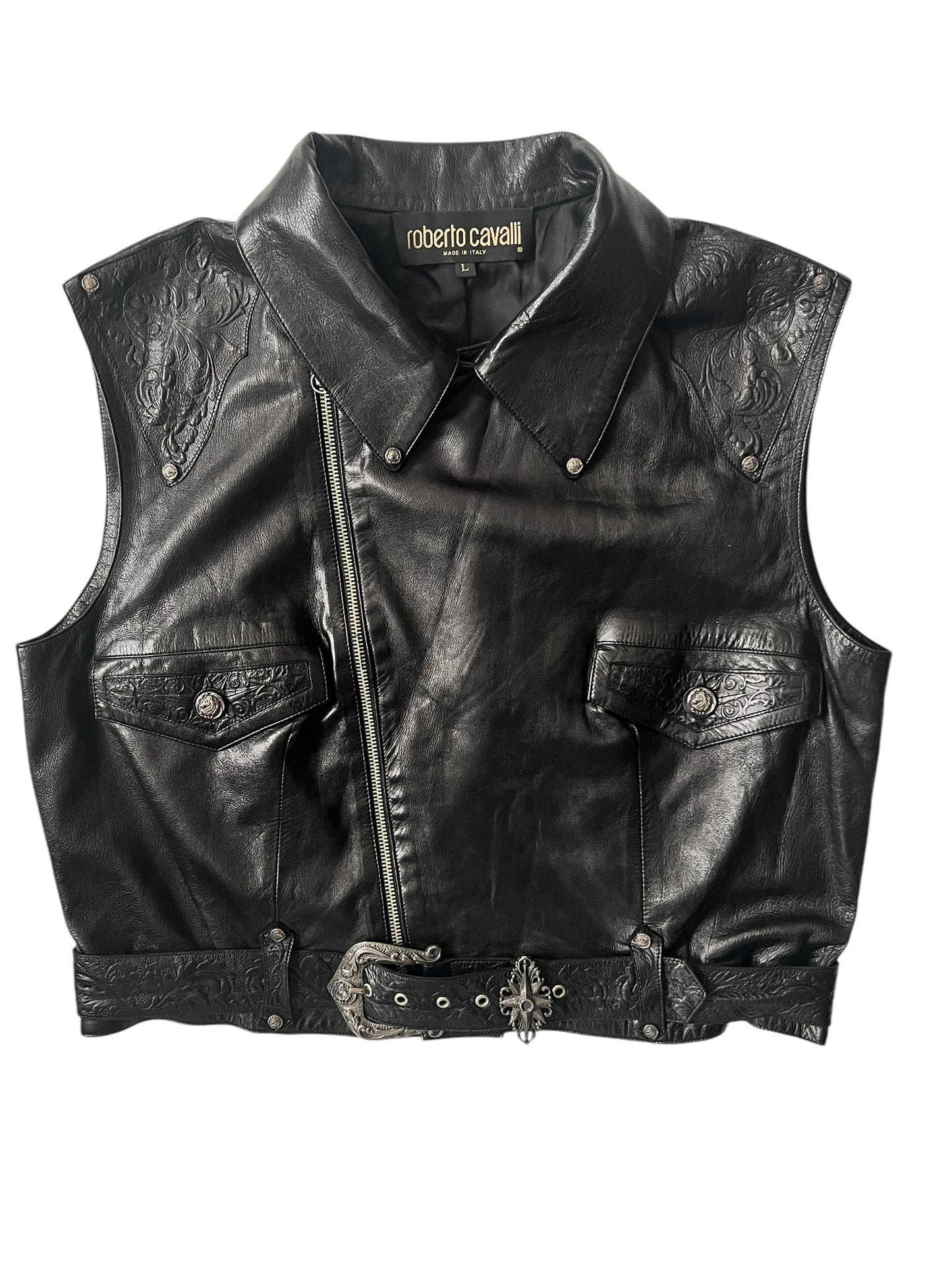 ROBERTO CAVALLI 2000s Embossed Black Leather Biker Vest (L)