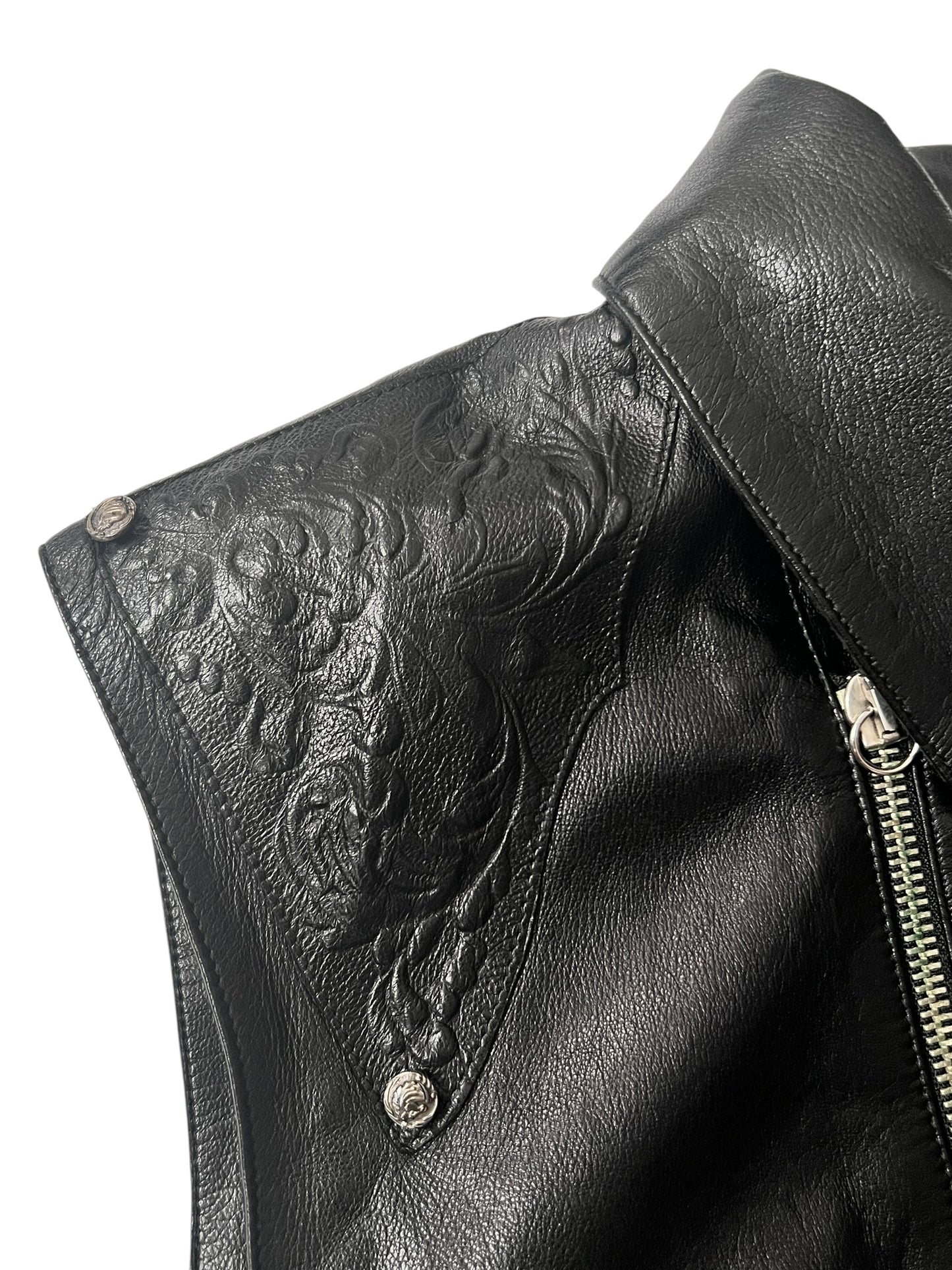 ROBERTO CAVALLI 2000s Embossed Black Leather Biker Vest (L)