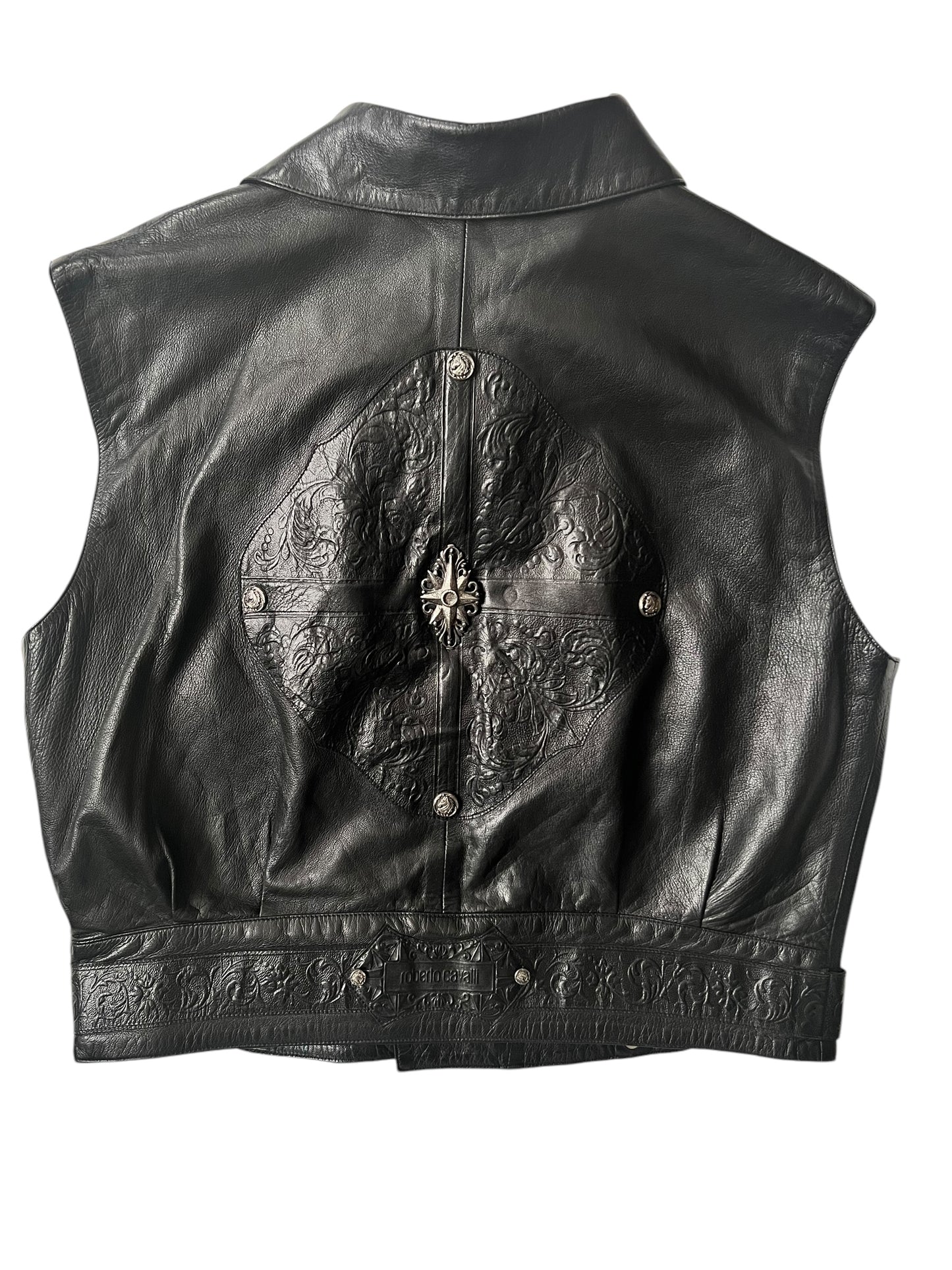ROBERTO CAVALLI 2000s Embossed Black Leather Biker Vest (L)