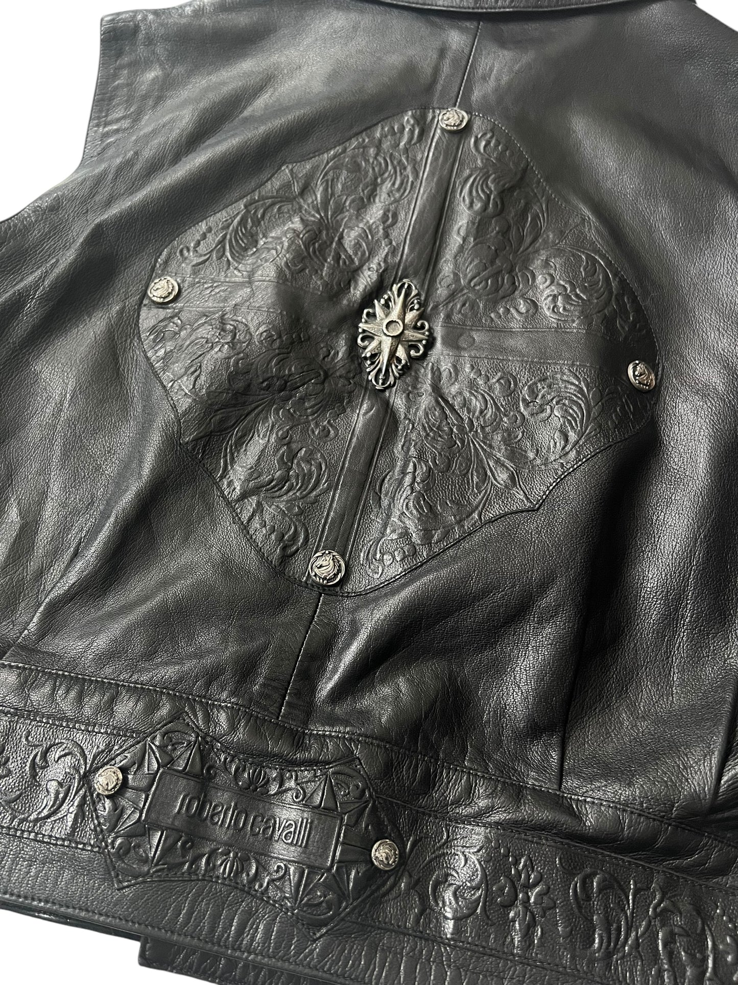 ROBERTO CAVALLI 2000s Embossed Black Leather Biker Vest (L)