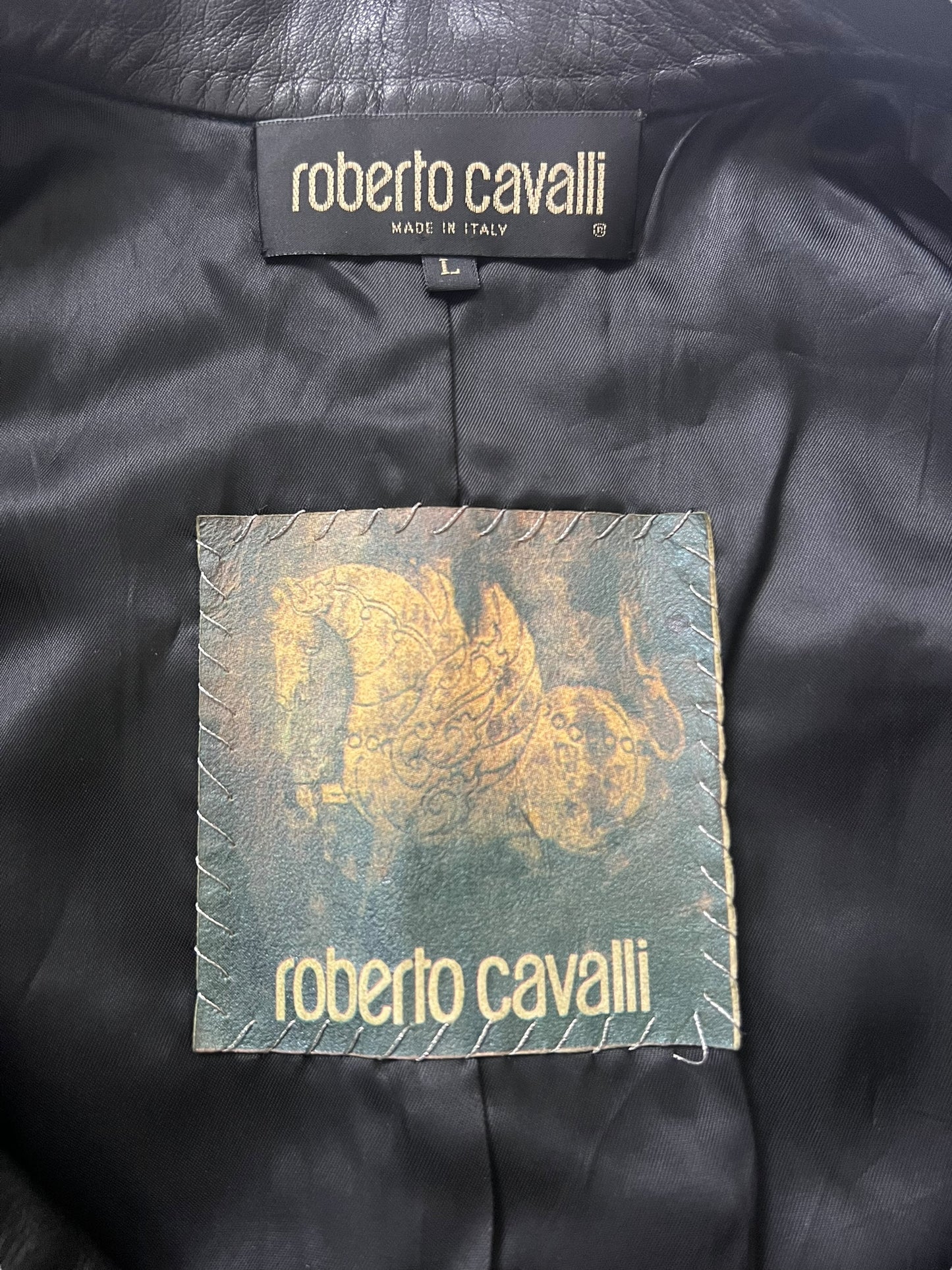 ROBERTO CAVALLI 2000s Embossed Black Leather Biker Vest (L)