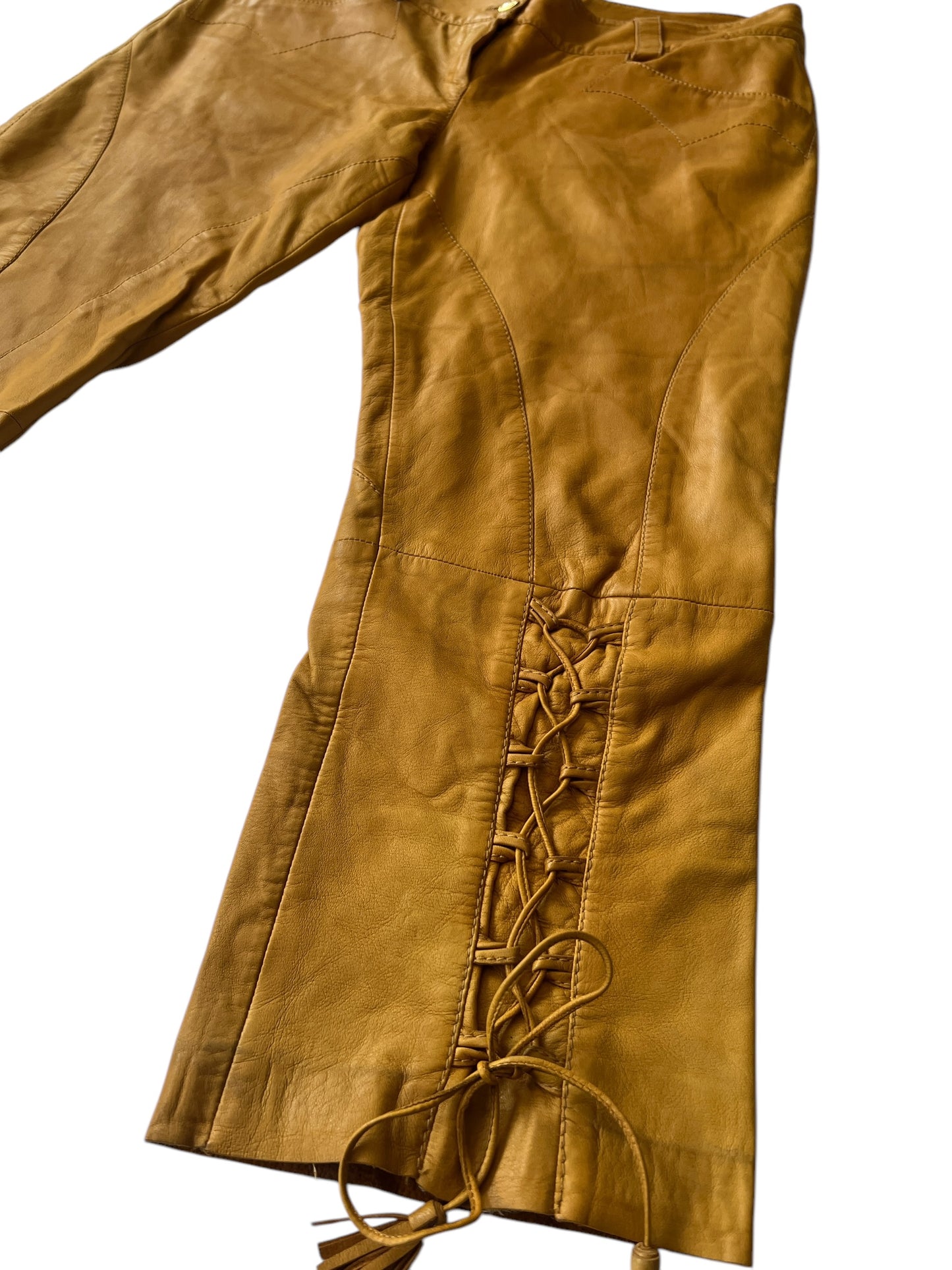 ROBERTO CAVALLI S/S 2003 Camel Leather Lace-Up Trousers (M)