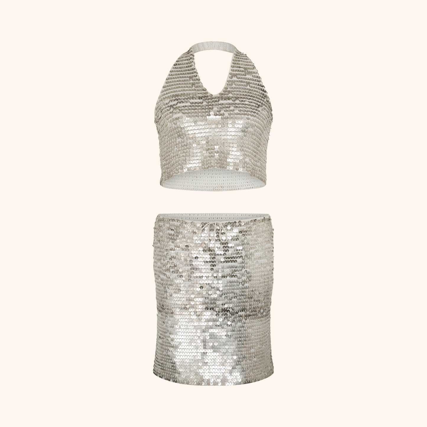 Chanel by Karl Lagerfeld S/S 2000 Silver Sequin Halter Top & Skirt Set