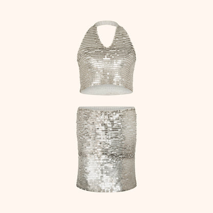 Chanel by Karl Lagerfeld S/S 2000 Silver Sequin Halter Top & Skirt Set