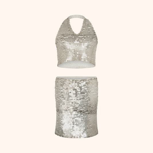 Chanel by Karl Lagerfeld S/S 2000 Silver Sequin Halter Top & Skirt Set