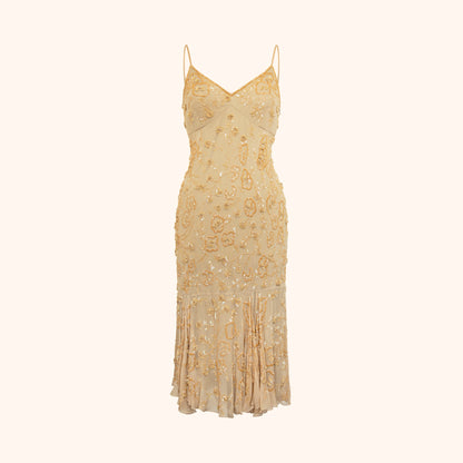 Versace 1990s Embellished Nude Silk Midi Dress