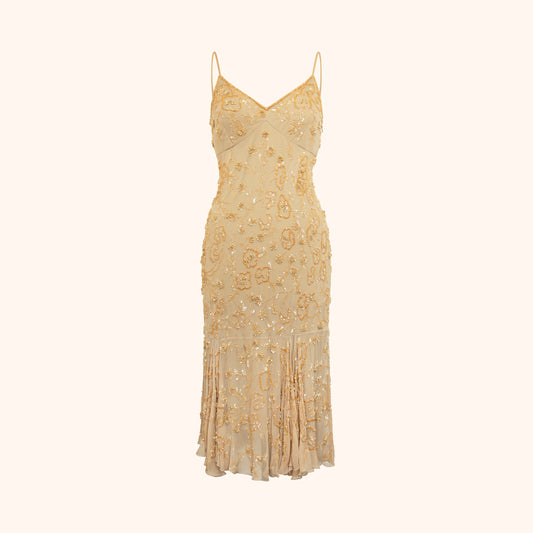 Versace 1990s Embellished Nude Silk Midi Dress